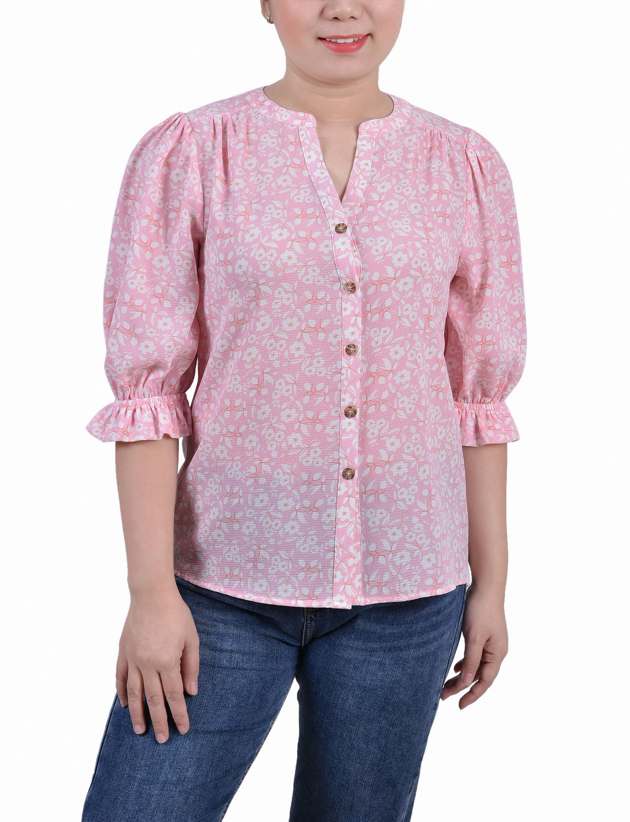 Convertible Sleeve Adaptation RibbedTexture Petite Elbow Sleeve Y Neck Blouse