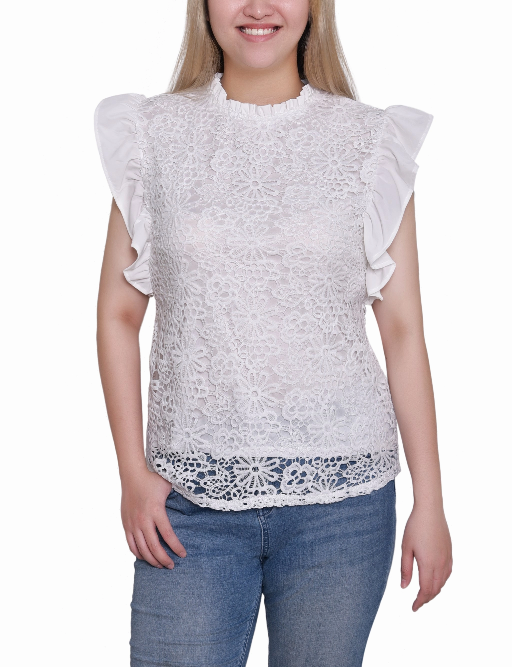 Petite Flutter Sleeve Lace Top CarbonNeutral Production Recycled Polyester Material