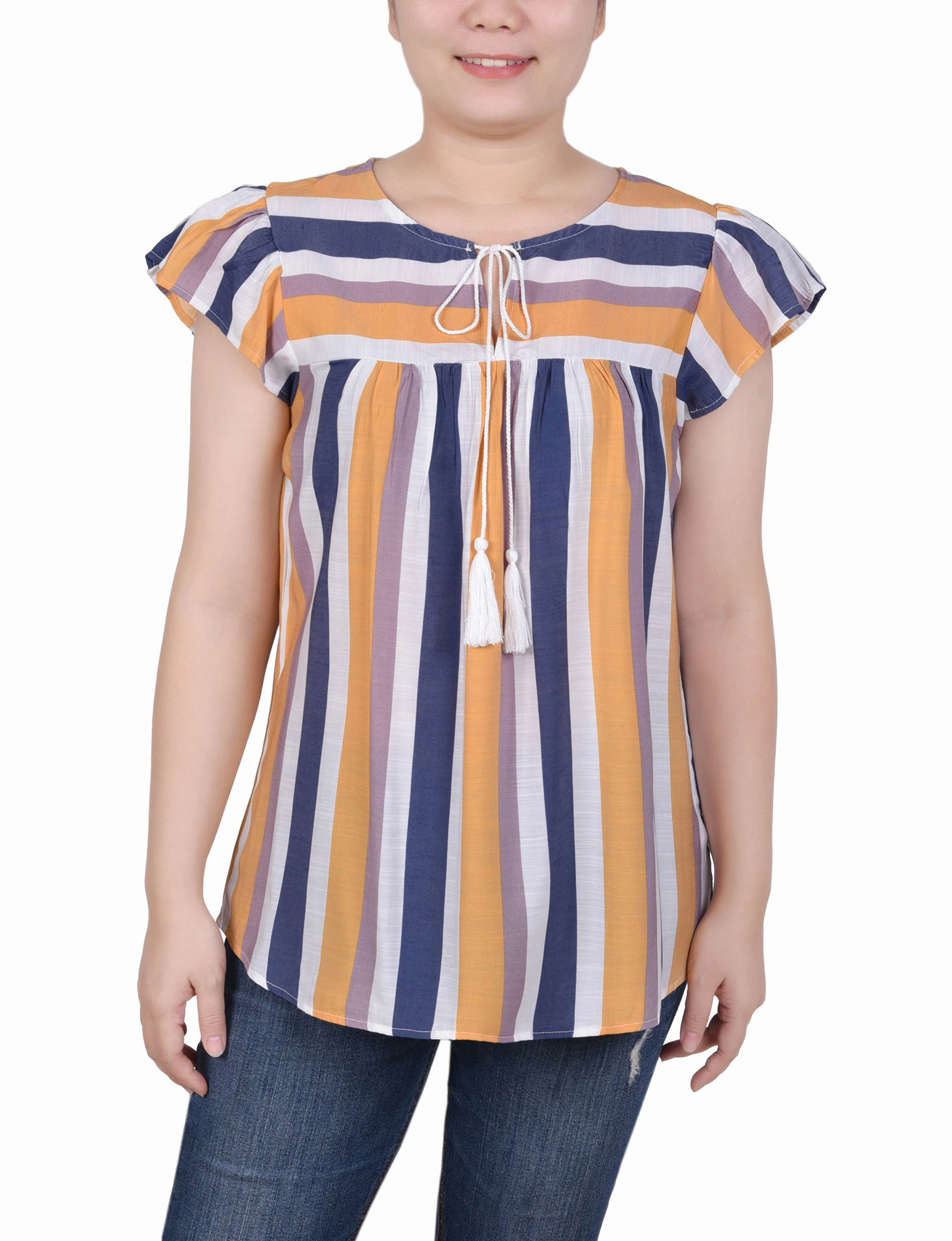 AntiPillingFinish Petite Flutter Sleeve Vertical Striped Blouse