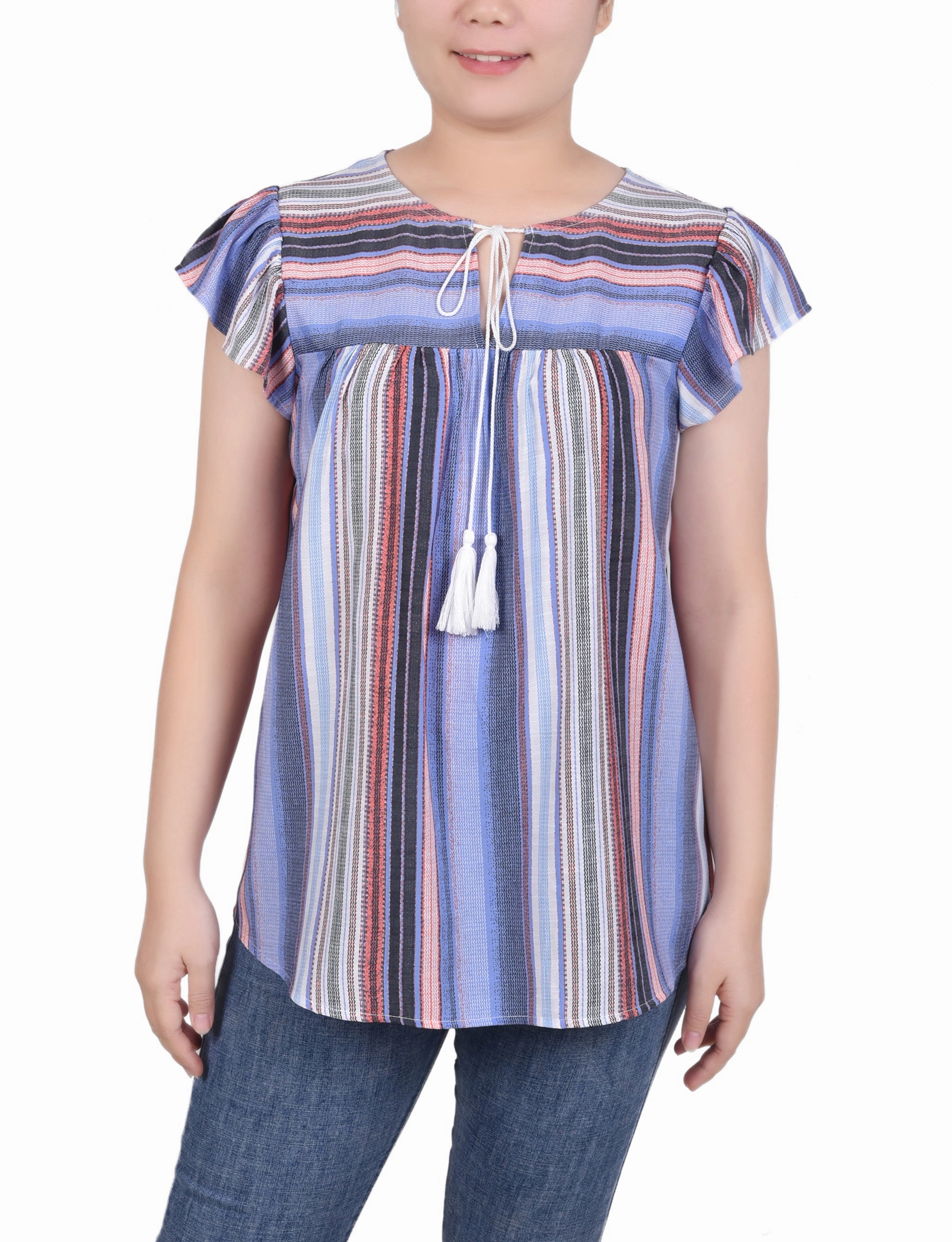GarmentWashed Texture Petite Flutter Sleeve Vertical Striped Blouse