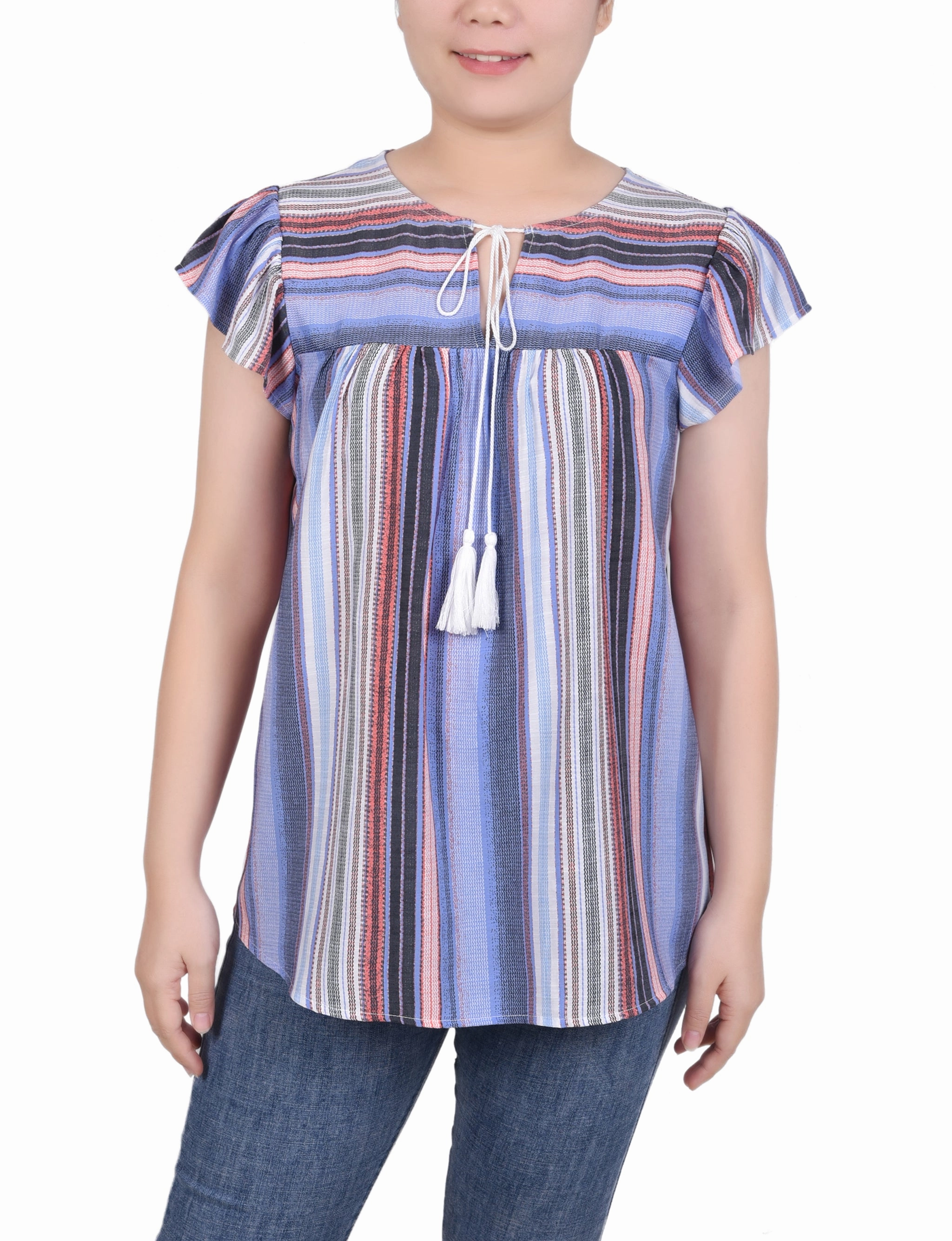 Petite Flutter Sleeve Vertical Striped Blouse AbrasionResistant Edging Tagless Collar