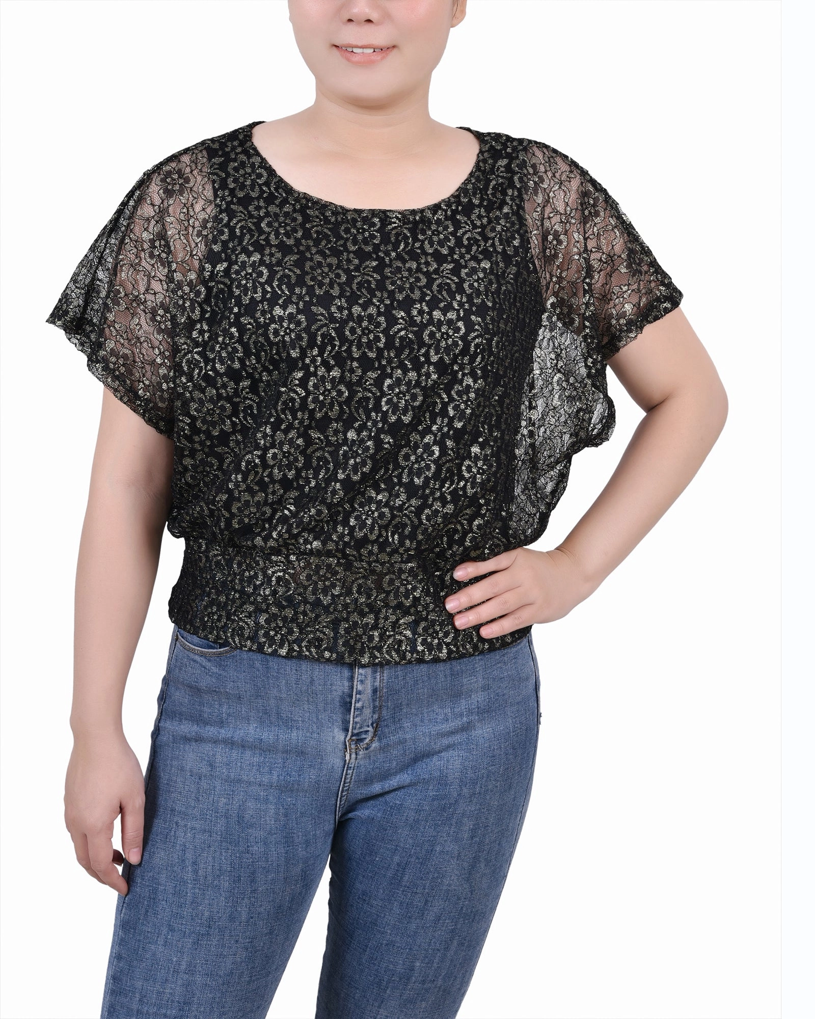 Self Fabric Tie Closure Fashionable Style Petite Foil Lace Poncho With Smocked Waist