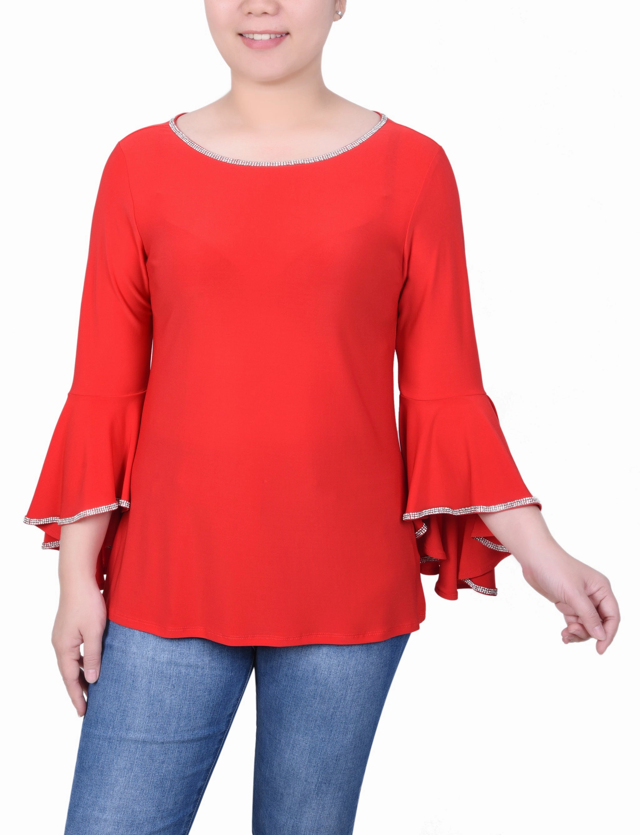 Tagless Neckline Design MidweightKnit Petite Long Bell Sleeve Tunic Top With Stone Details