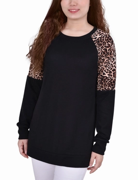 RubberizedGrip BoxySilhouette Petite Long Raglan Sleeve Top With Animal Print Insets