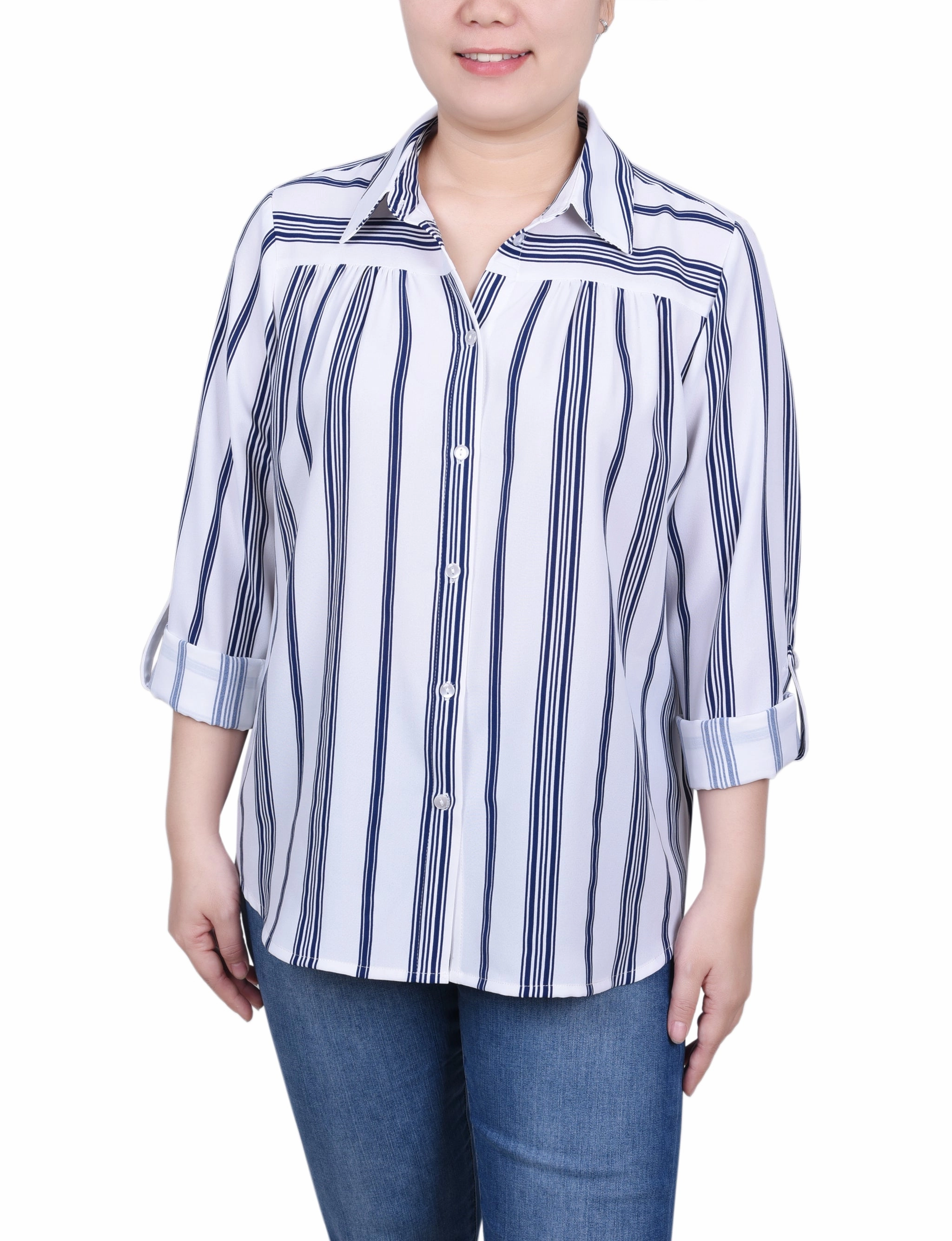 Butter Soft Handfeel Thermal Insulation Tech Petite Long Roll Tab Sleeve Blouse