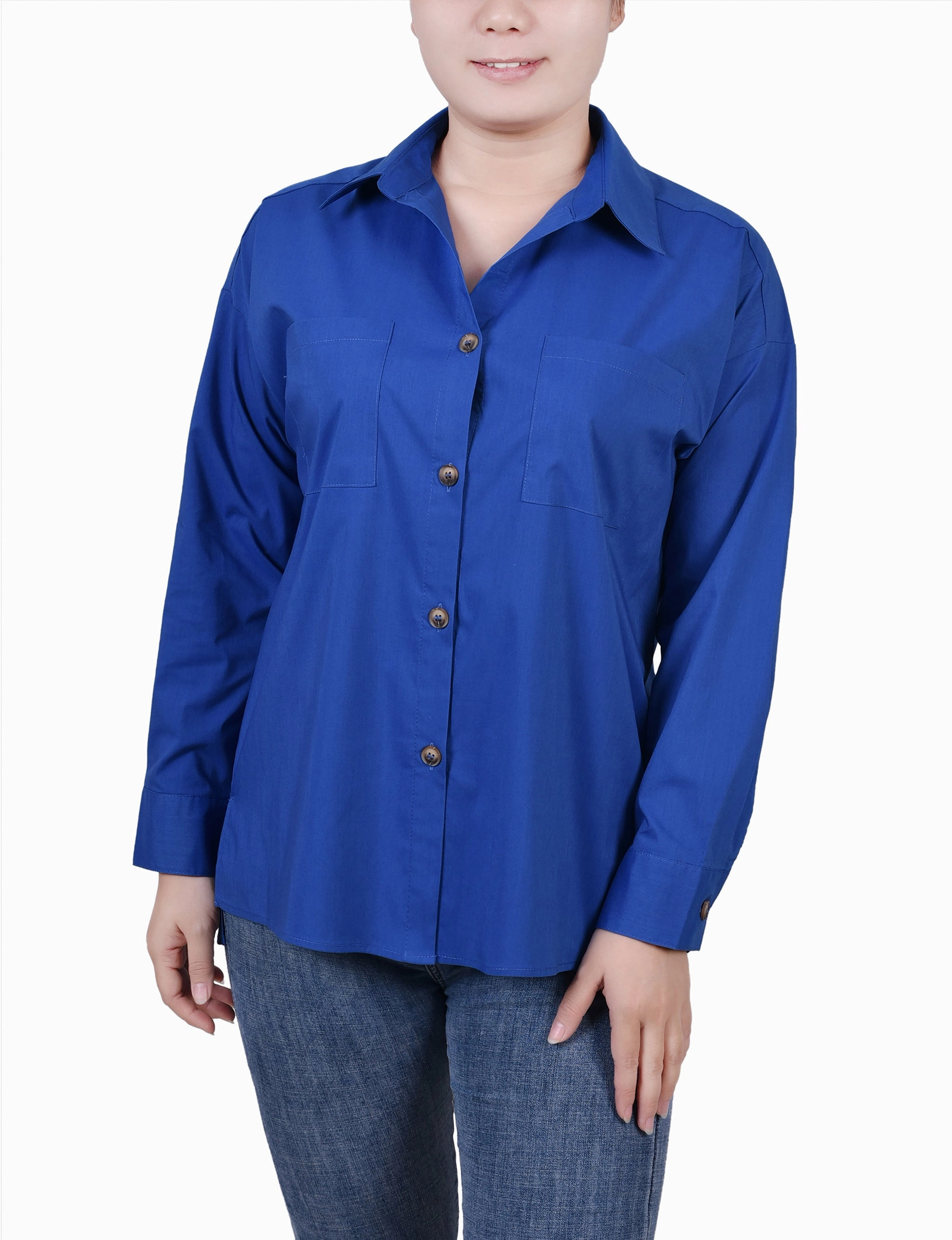 Petite Long Sleeve Blouse With Chest Pockets Durable Blend Durable Reinforced Hem