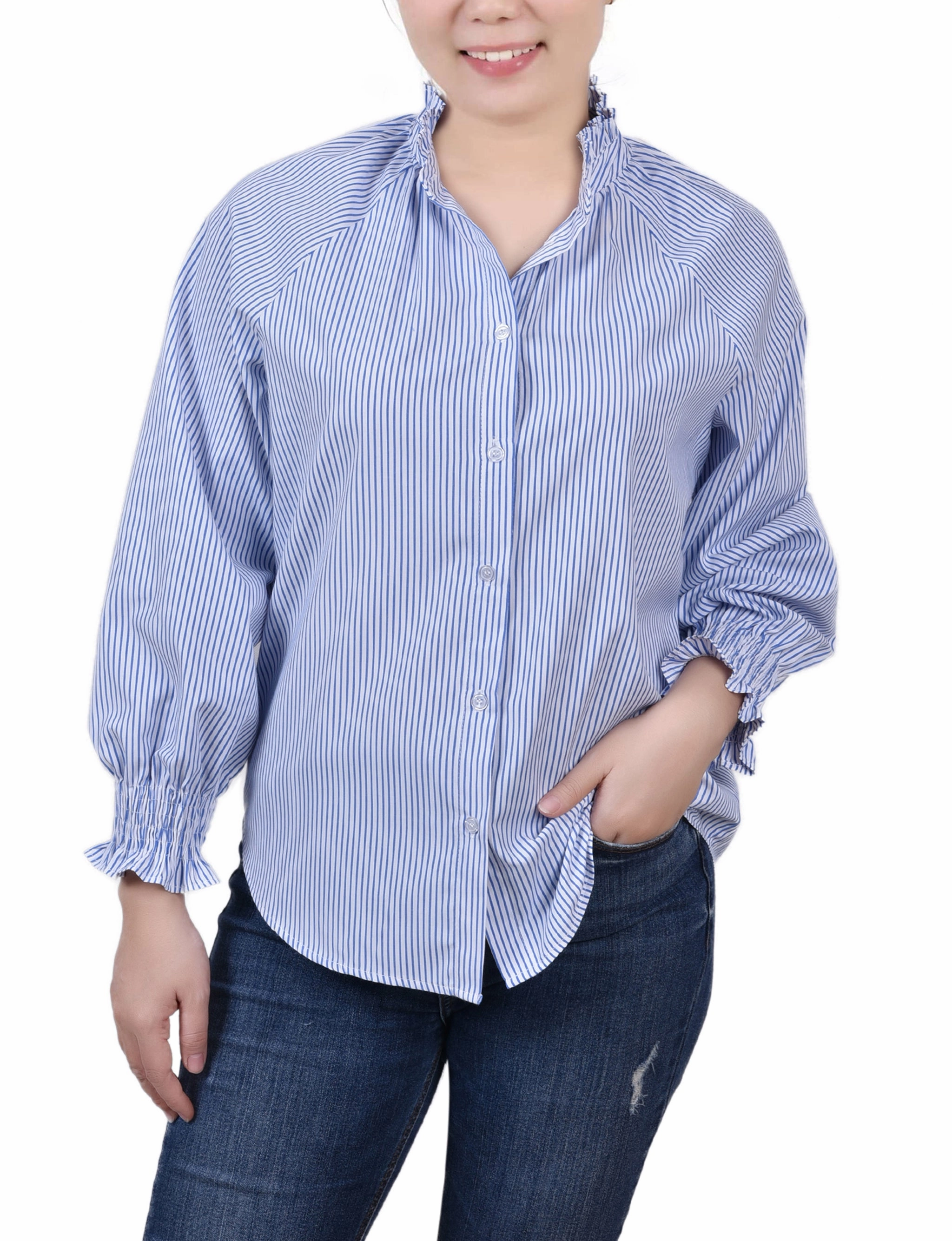 Petite Long Sleeve Button Front Blouse RollUpCuff