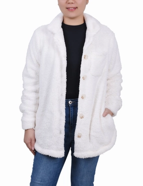 Petite Long Sleeve Button Front Sherpa Jacket AntiBacterial Coating