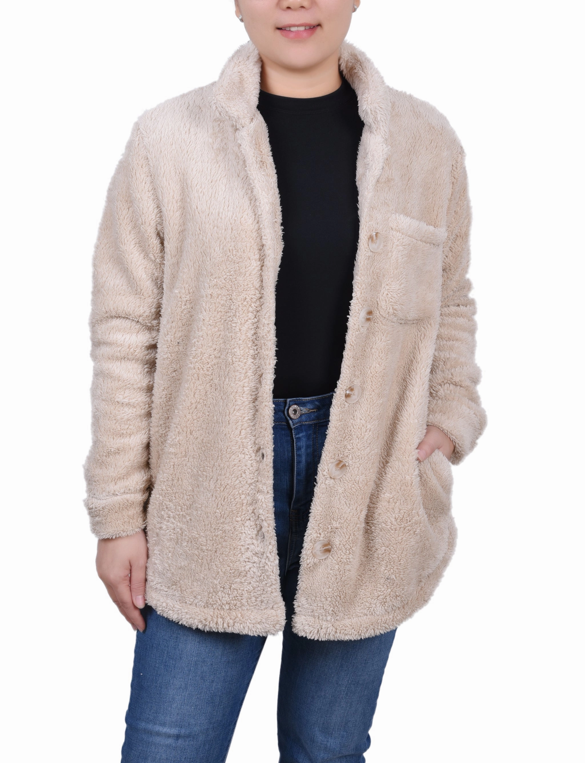 Rolled Hem Detailing EcoFriendlyMaterial Petite Long Sleeve Button Front Sherpa Jacket