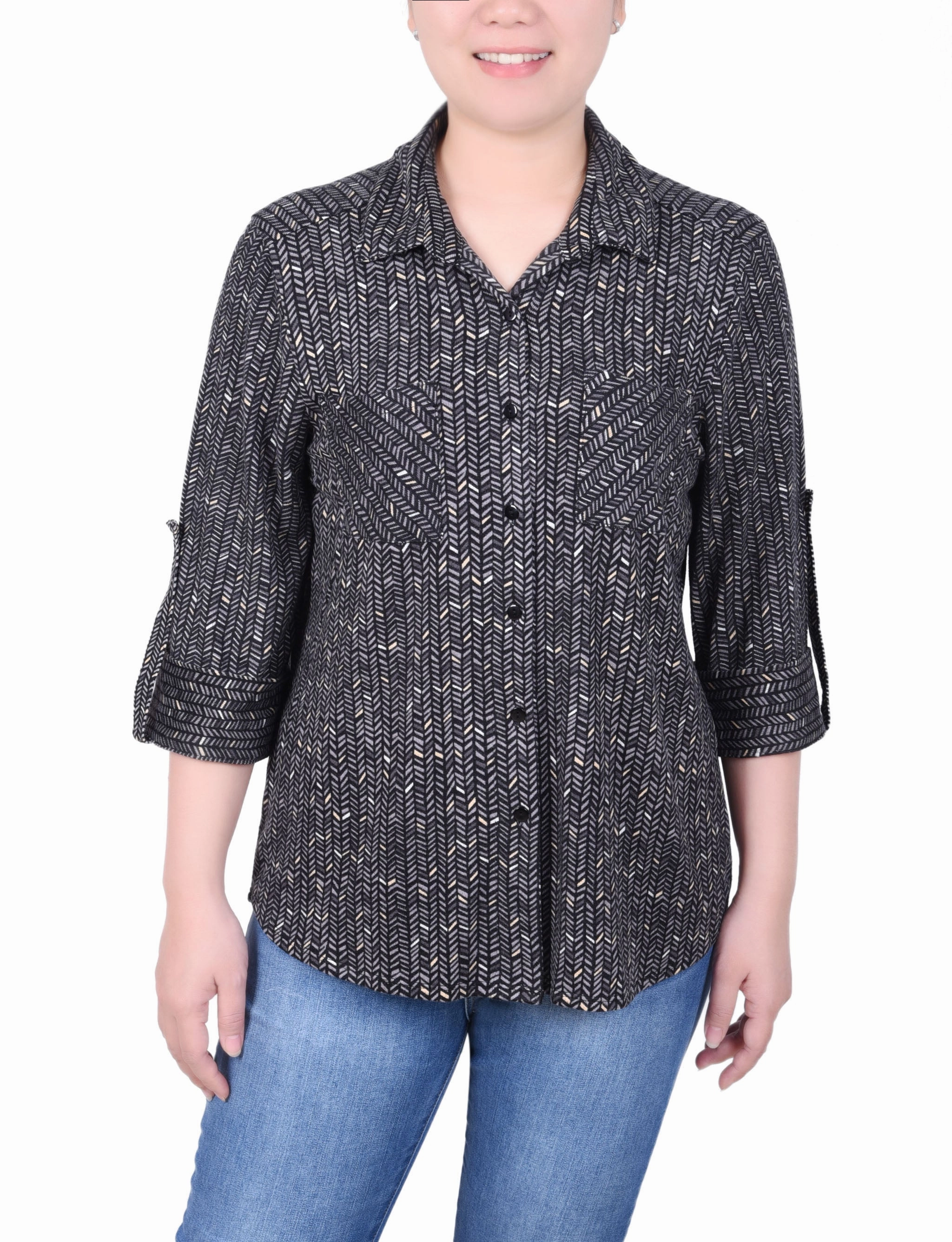 Petite Long Sleeve Button Front Tunic Top Adjustable Collar System