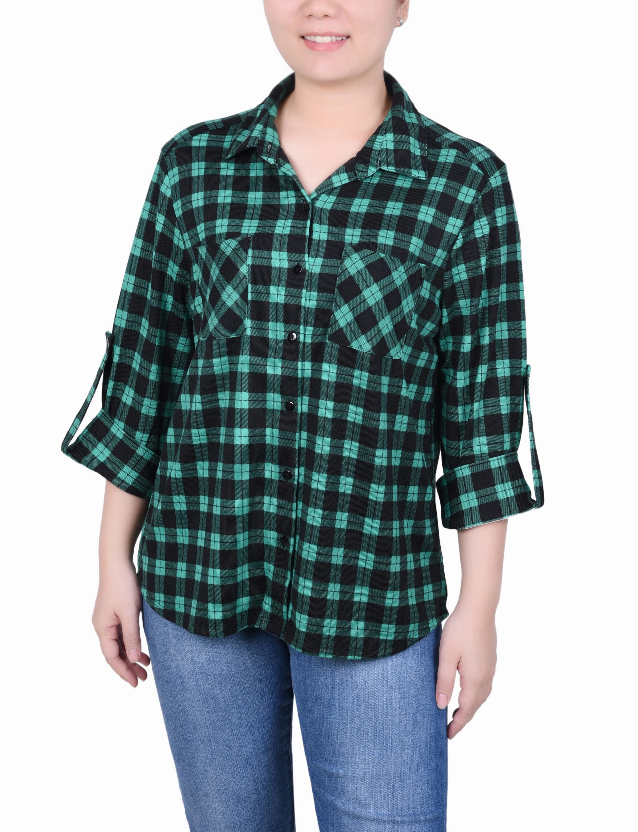 Petite Long Sleeve Button Front Tunic Top Biodegradable Fiber Interlock Weave