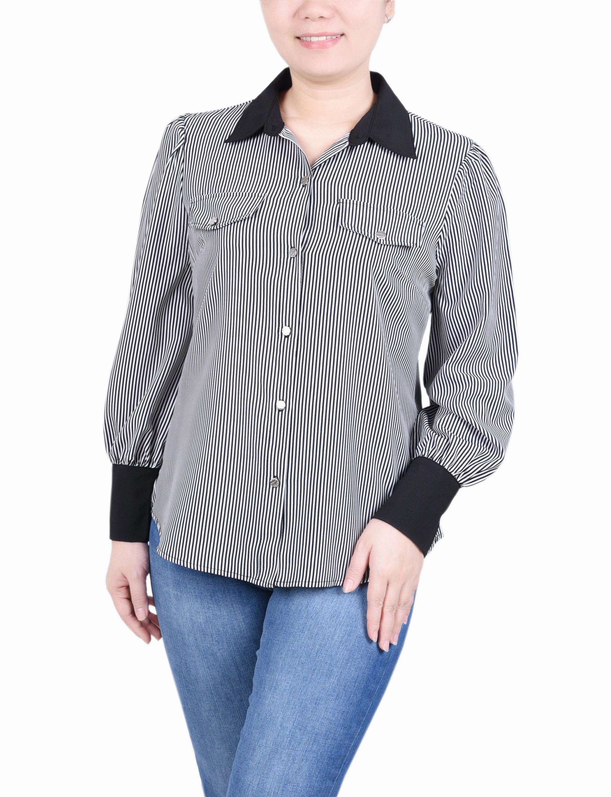 CompressionTechnology Noise Reduced Zipper Petite Long Sleeve Colorblocked Blouse