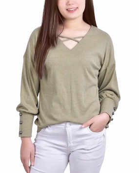 Comfortable Cotton Rubberized grip Petite Long Sleeve Criss Cross Neck Pullover Top