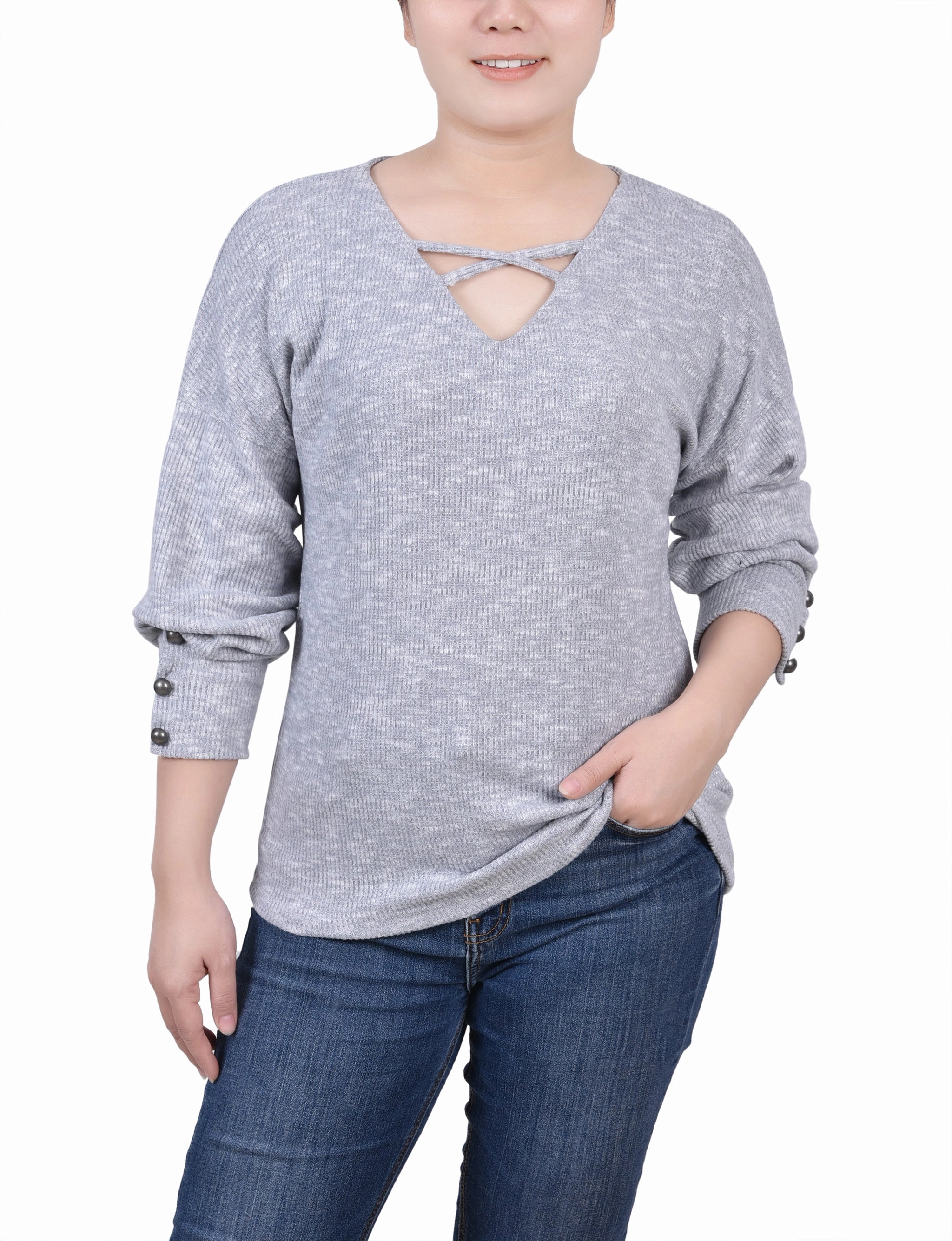 BreathableMeshInsert AbrasionResistantEdging Petite Long Sleeve Criss Cross Neck Pullover Top