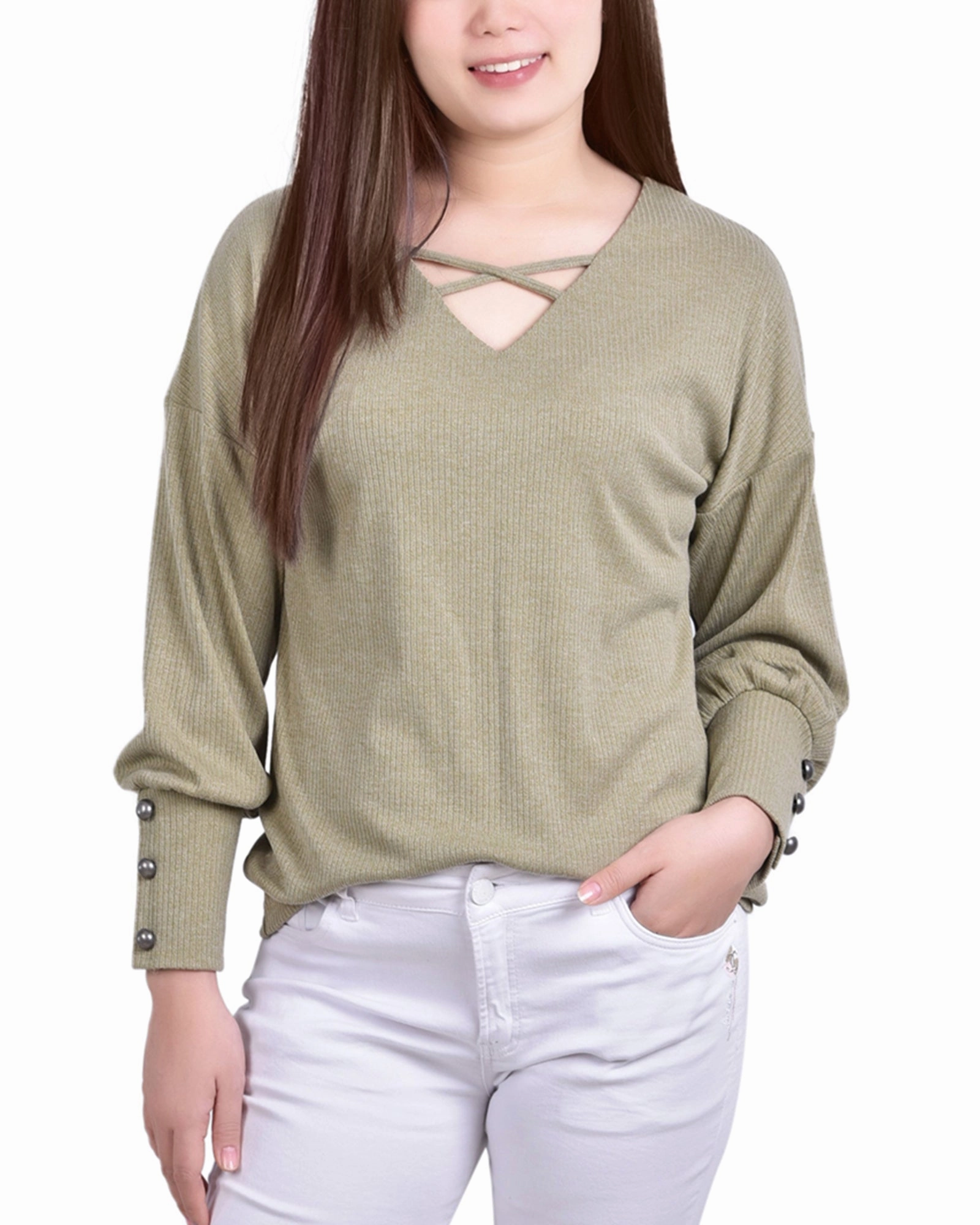 Comfortable Cotton Rubberized grip Petite Long Sleeve Criss Cross Neck Pullover Top