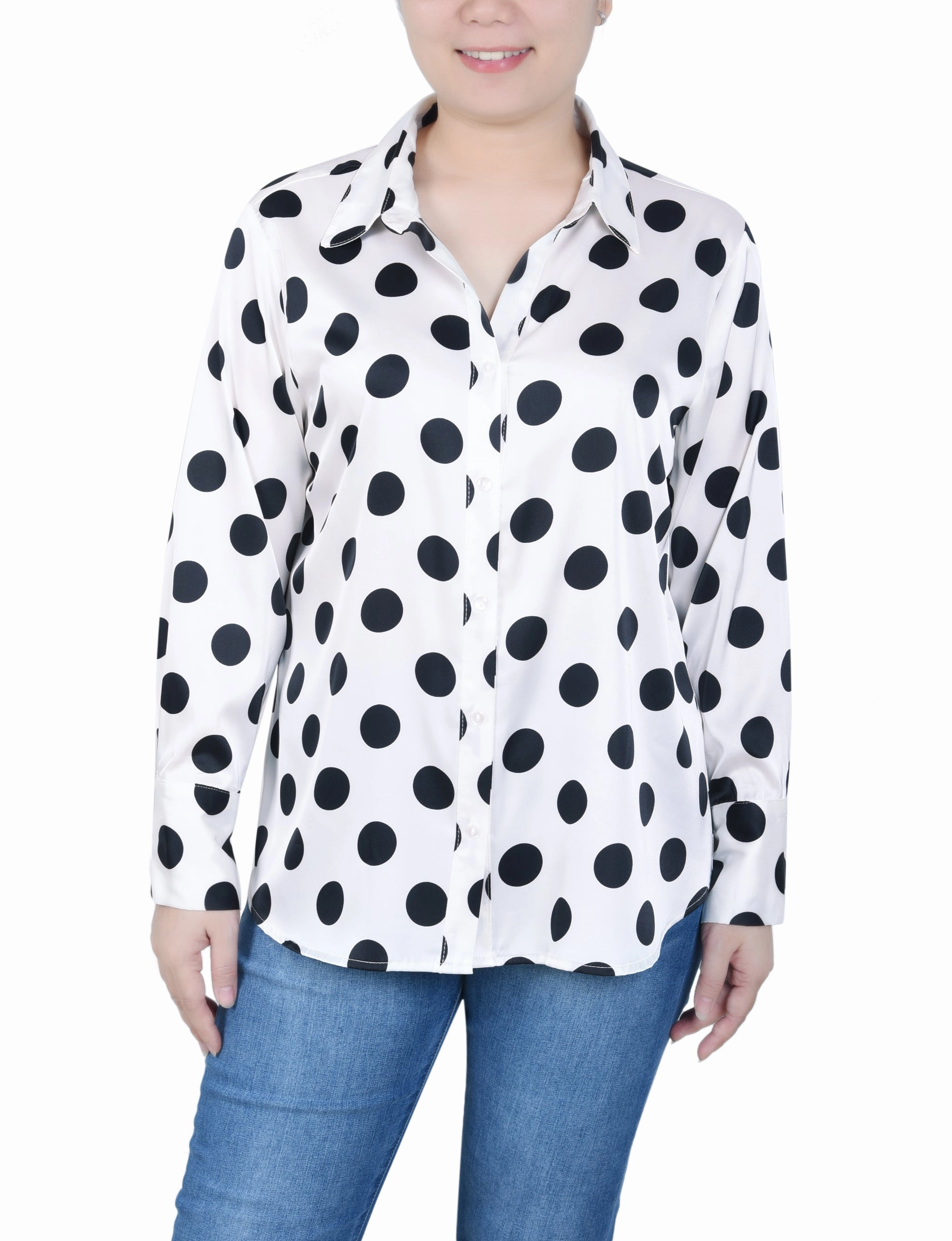 Petite Long Sleeve Dotted Satin Blouse Recycled Polyester