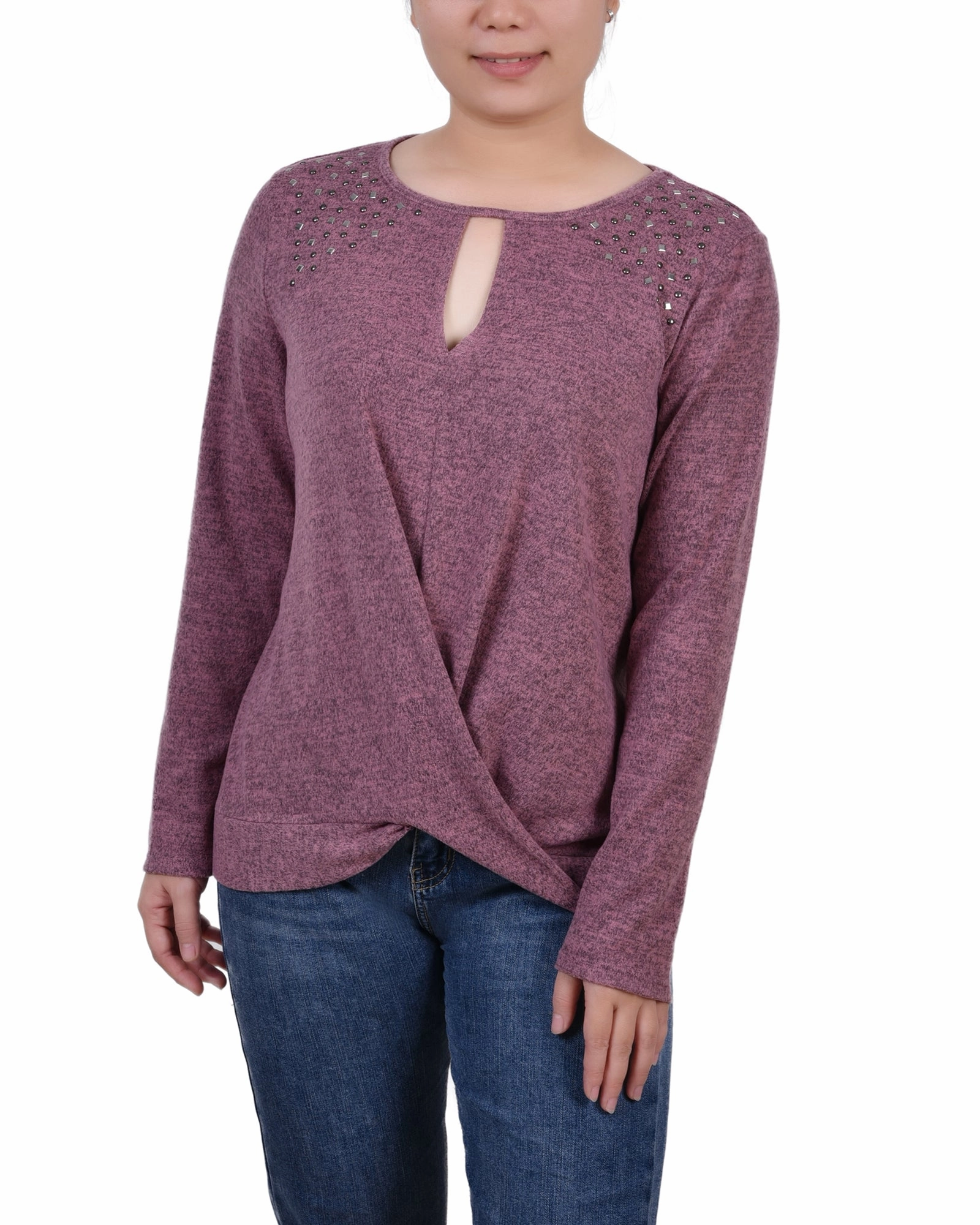 Non Irritating Label Petite Long Sleeve Knit Keyhole Top With Studs