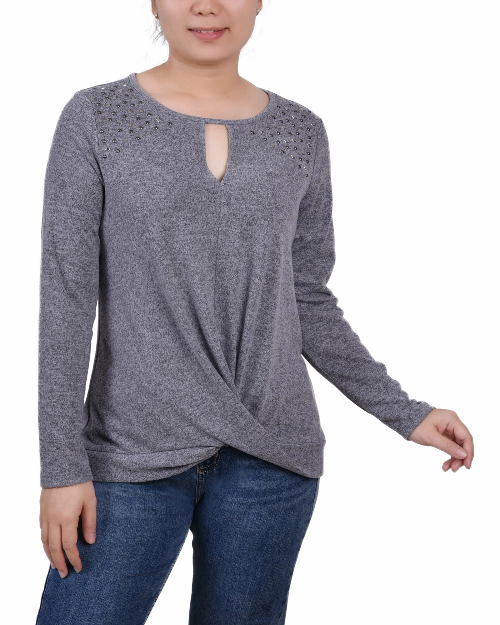 Airflow Ventilation Zones FlexibleCollarStructure Petite Long Sleeve Knit Keyhole Top With Studs