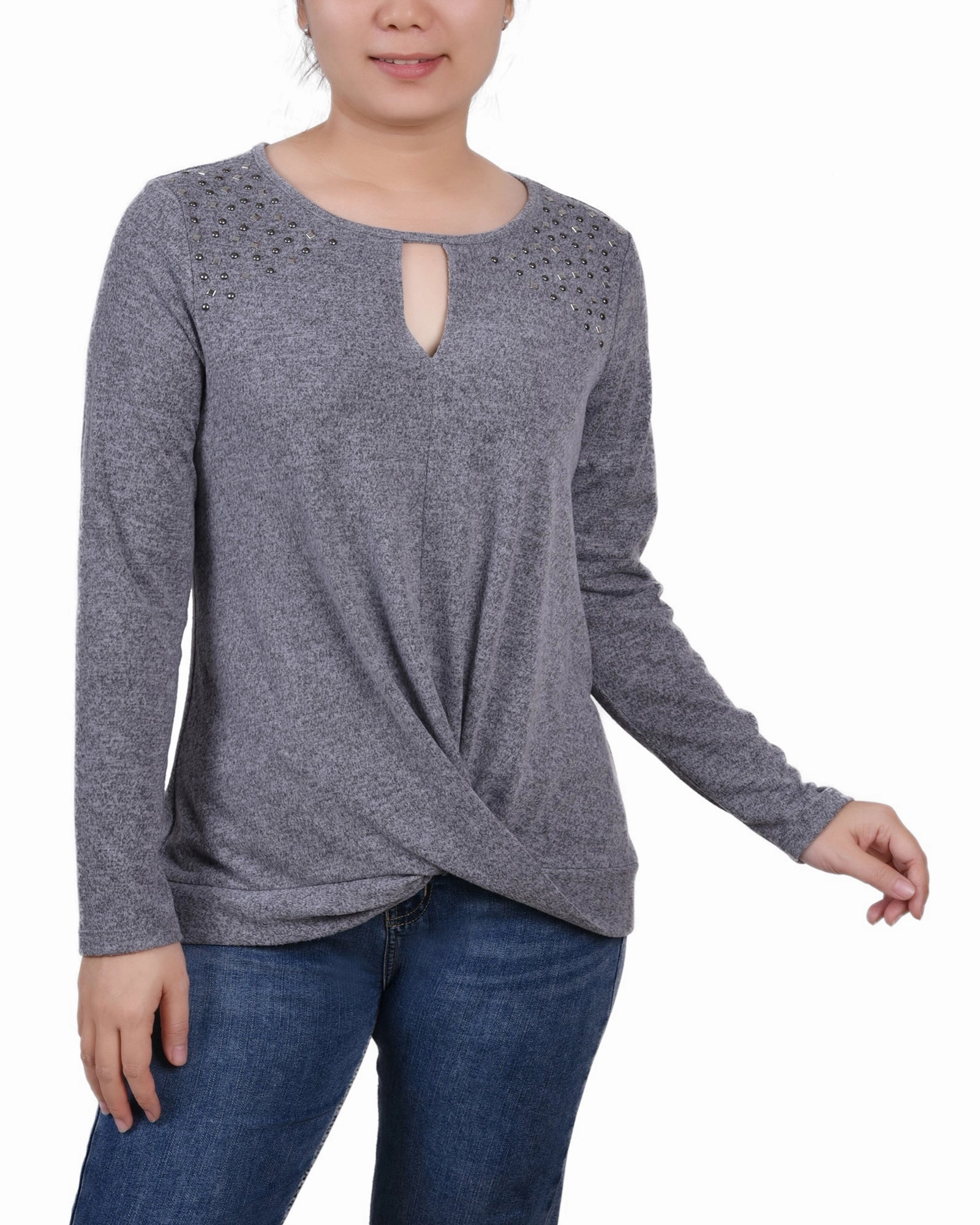 Adaptive Fit Technology Petite Long Sleeve Knit Keyhole Top With Studs