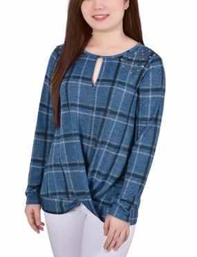 High Collar Design SnagProof Petite Long Sleeve Knit Keyhole Top With Studs