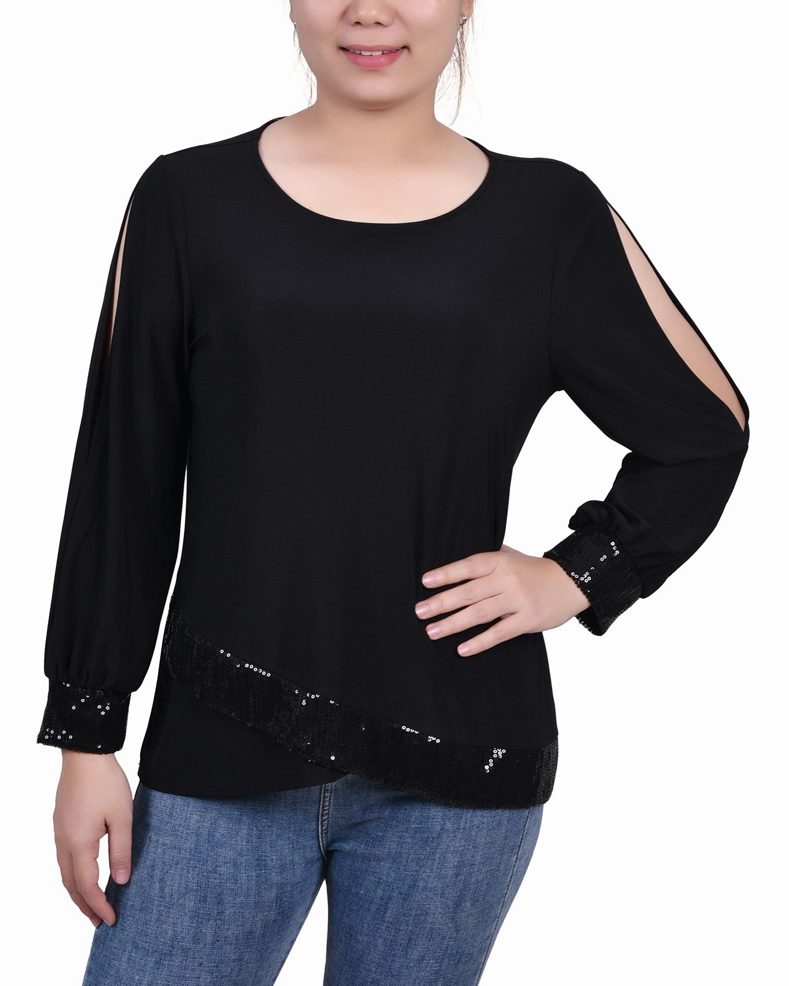 Odor Control Technology Petite Long Sleeve Knit Top With Sequin Hem