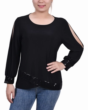 HighElasticity Interlock Weave Petite Long Sleeve Knit Top With Sequin Hem