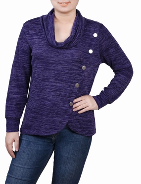 Petite Long Sleeve Overlapping Cowl Neck Top Casual Button-Down Tencel Cotton Hybrid Weave