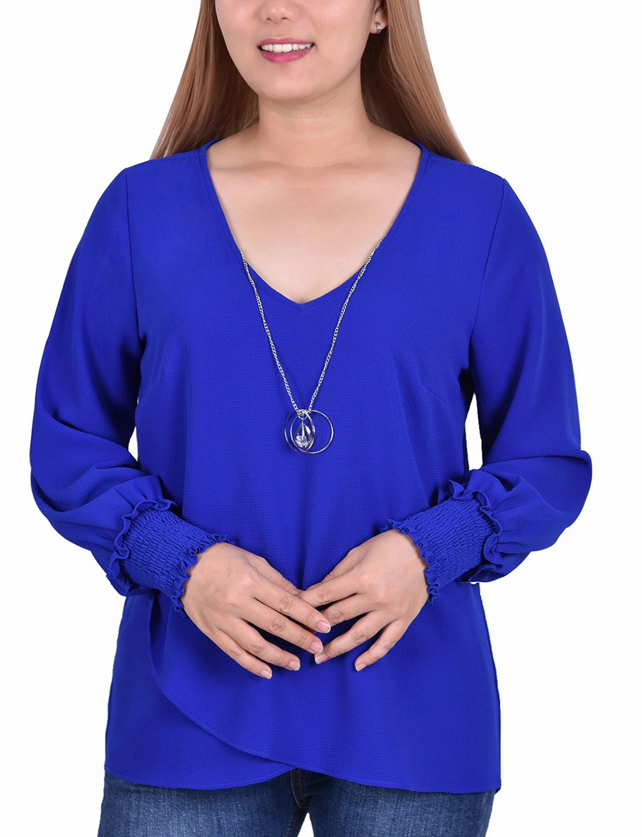 Petite Long Sleeve Overlapping Crepe Blouse Wth Necklace Light Reflective Printing
