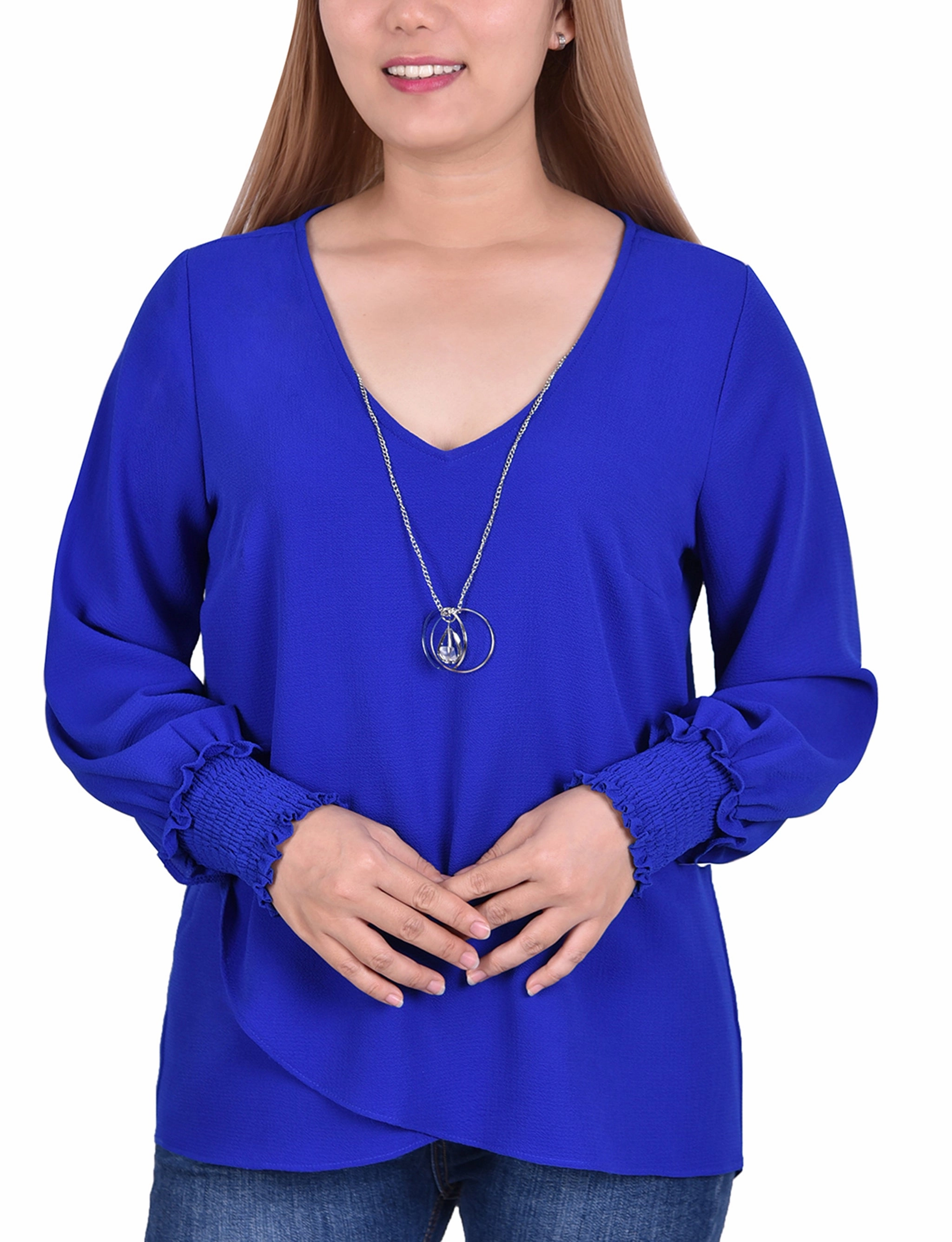 Petite Long Sleeve Overlapping Crepe Blouse Wth Necklace Compression Gradient