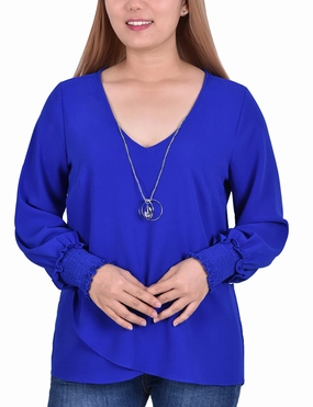 Yarn Dyed Fabric Petite Long Sleeve Overlapping Crepe Blouse Wth Necklace