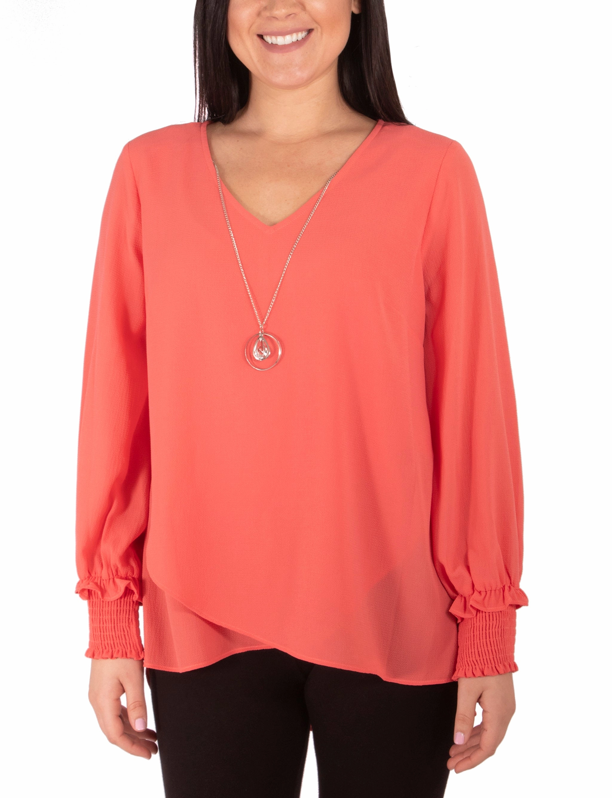 Petite Long Sleeve Overlapping Crepe Blouse Wth Necklace Durable Stitching Breathable mesh