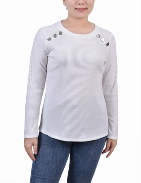 casual top Smooth Interior Lining Petite Long Sleeve Ribbed Button Detail Top