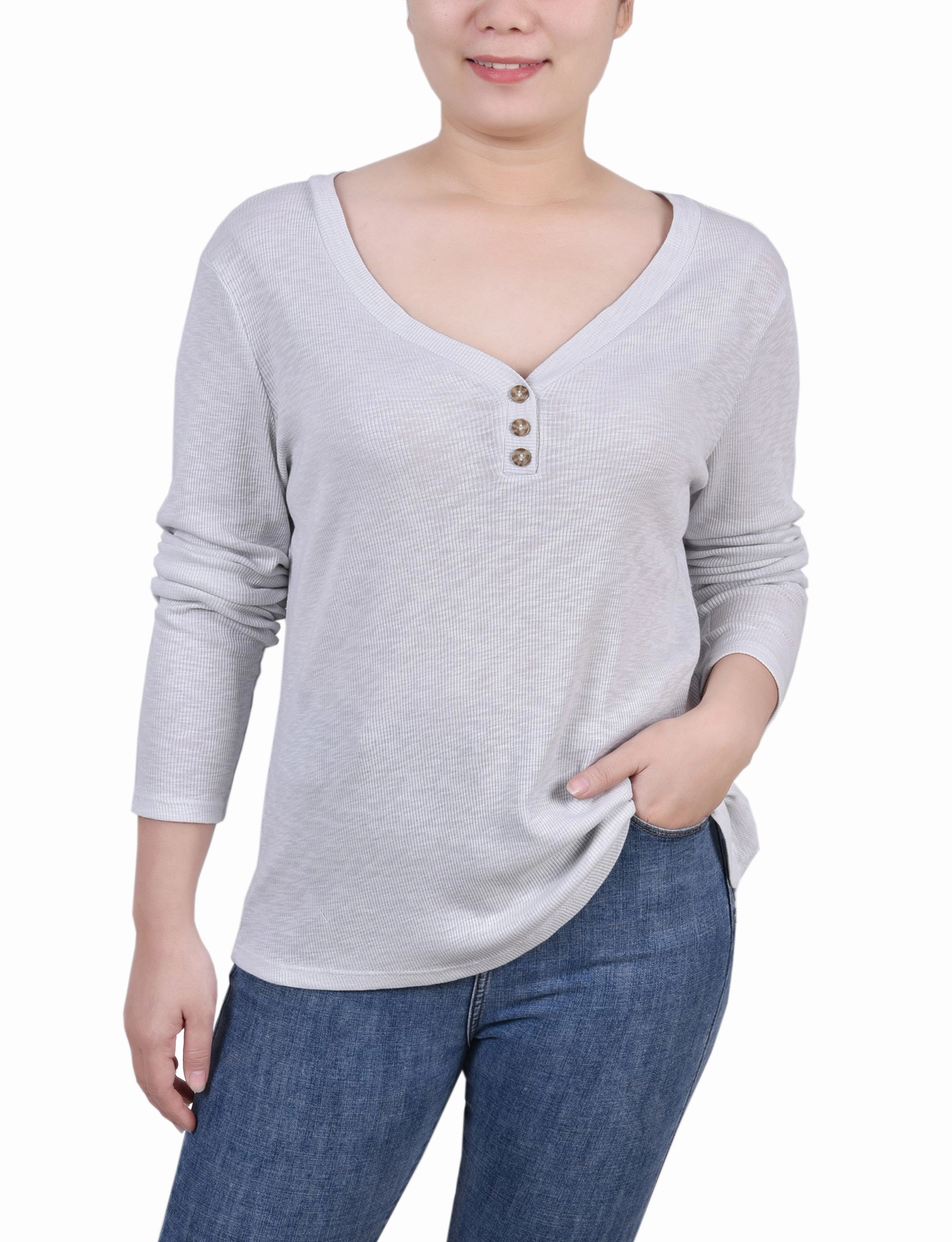 Petite Long Sleeve Ribbed Henley Top Softened Edges