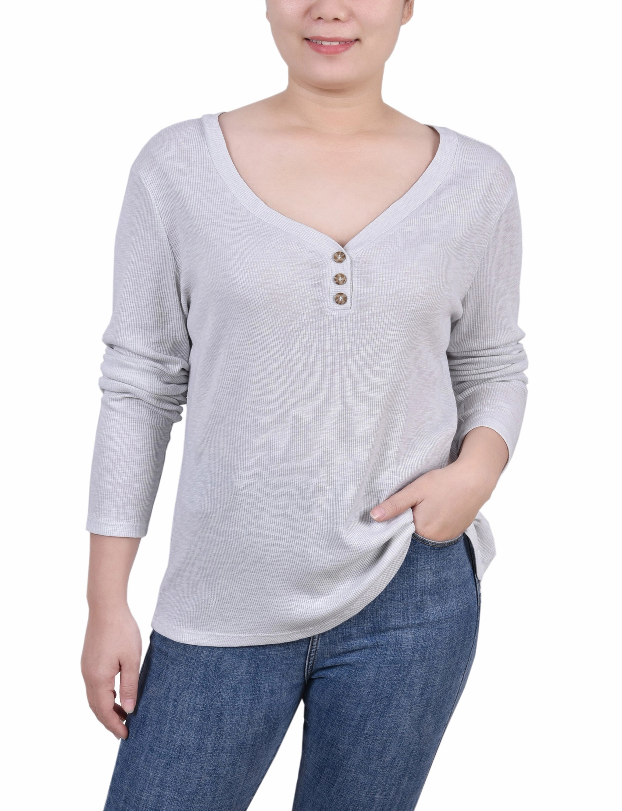 Sustainable Manufacturing Petite Long Sleeve Ribbed Henley Top