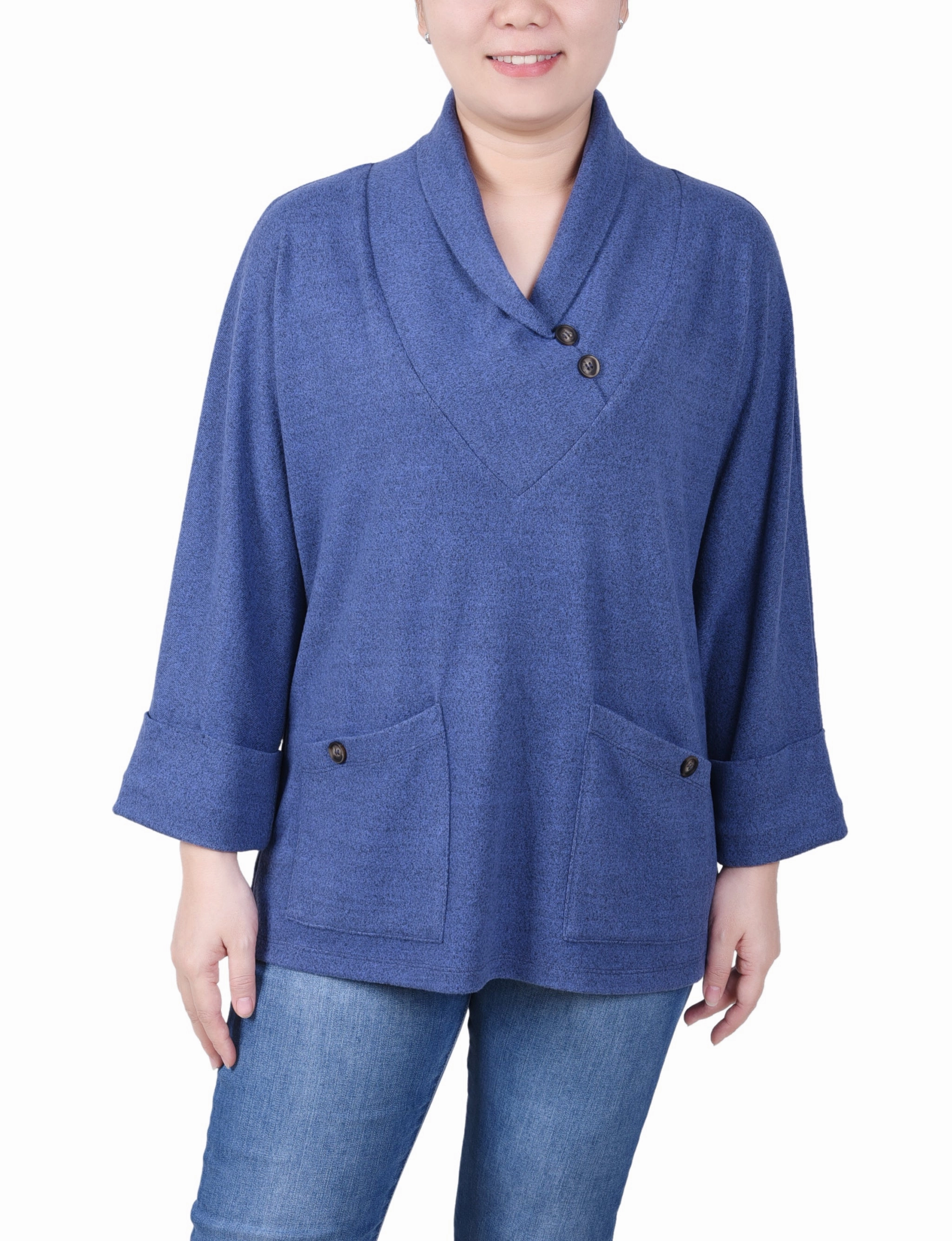 Petite Long Sleeve Shawl Collar Top With Pockets Tailored Silhouette EcoCertified Textile