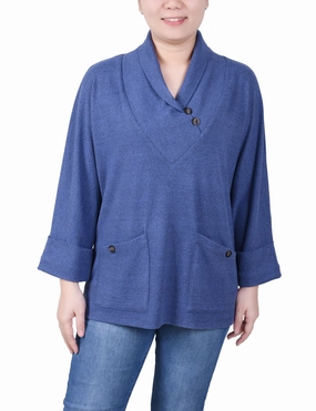 Petite Long Sleeve Shawl Collar Top With Pockets FrictionResistant Trim
