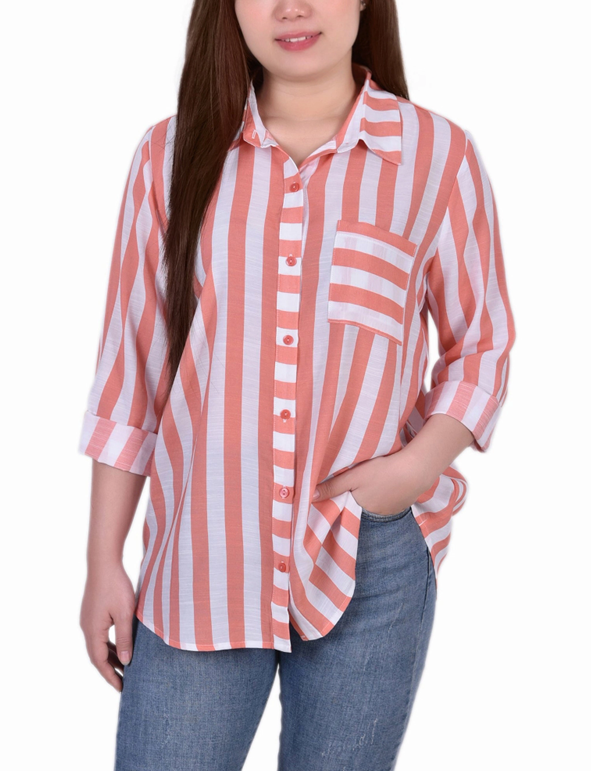Petite Long Sleeve Striped Blouse Reinforced Shoulder Panels Built In Odor Control