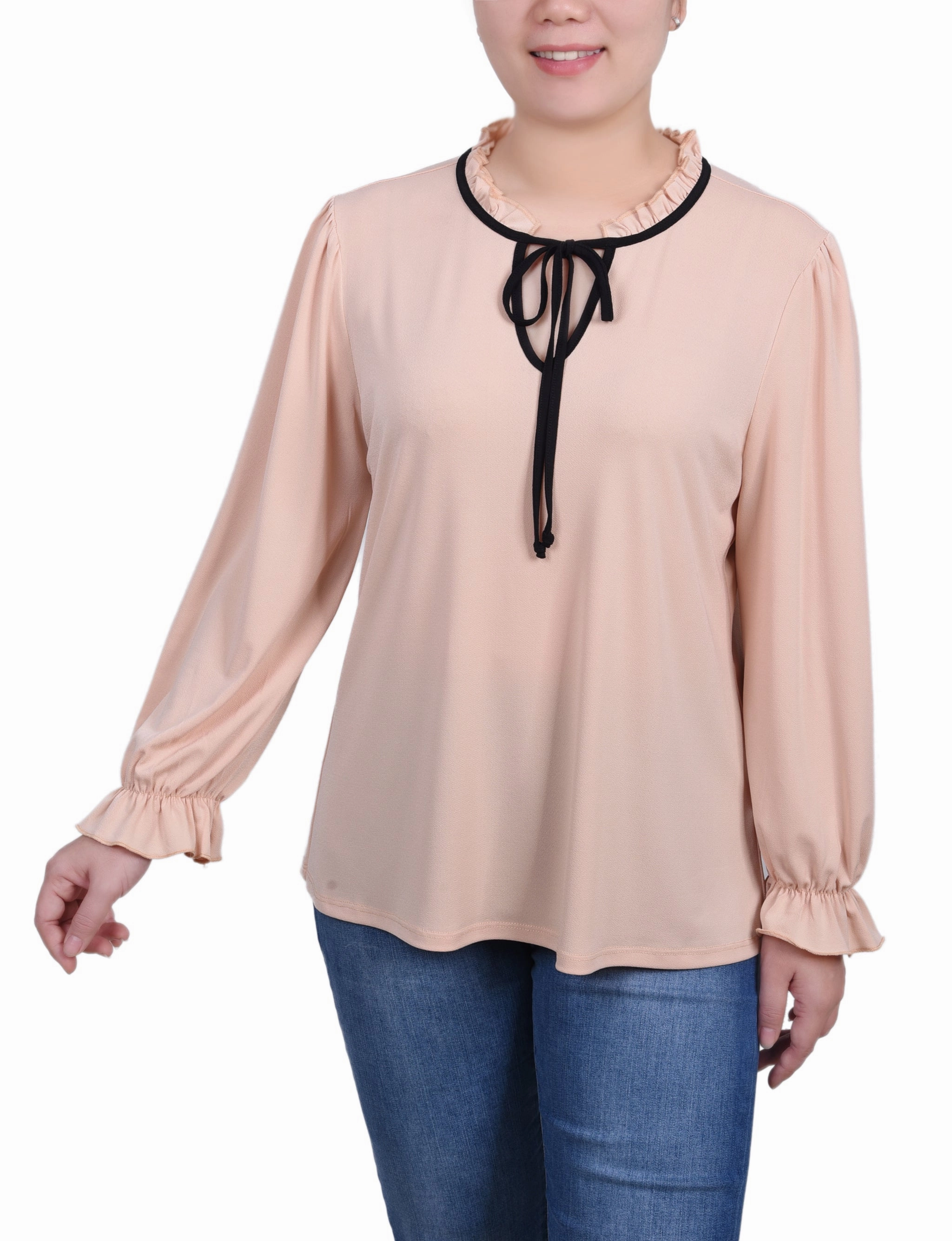 Fade Resistant Finish MoistureWickingTechnology Petite Long Sleeve Tie Neck Top