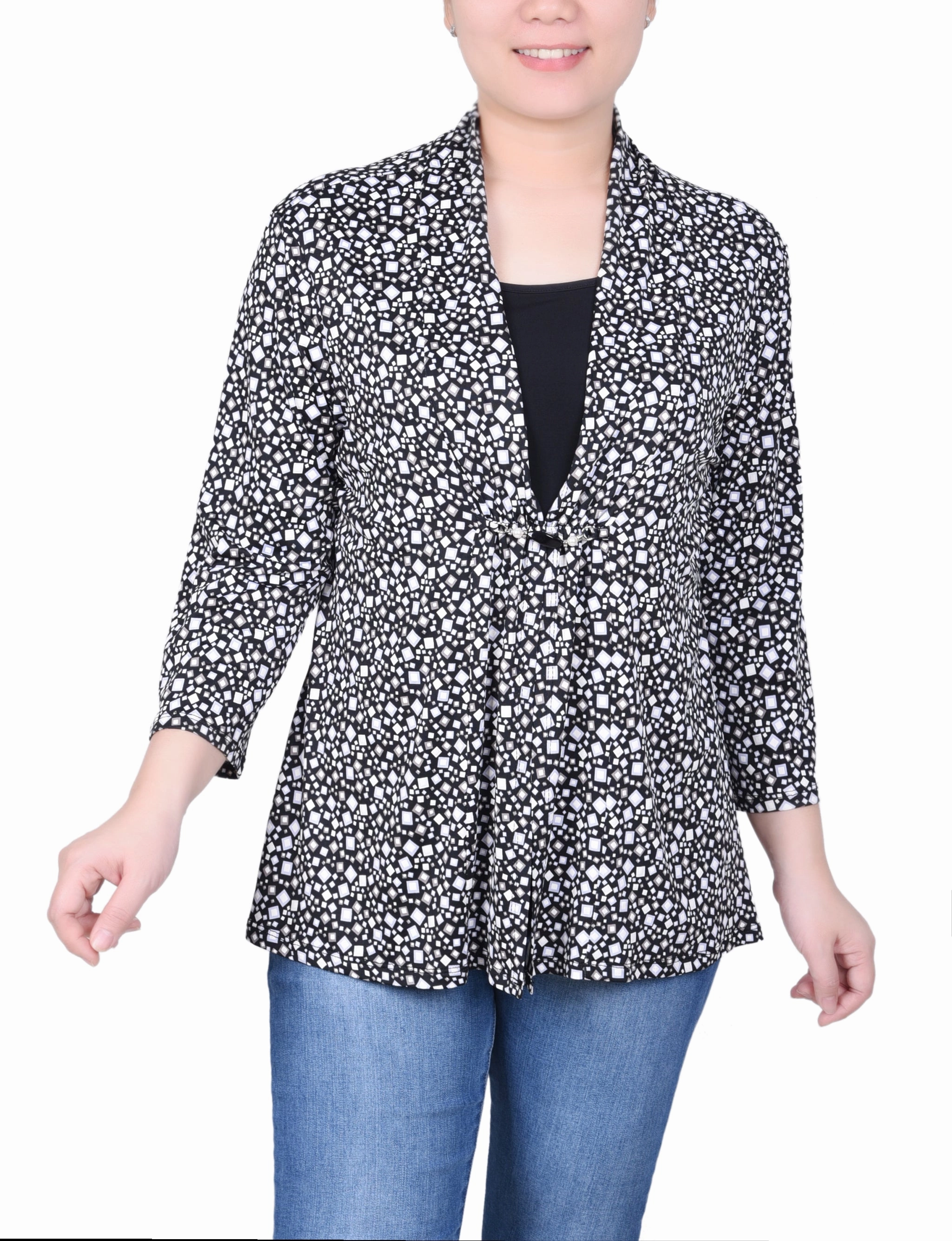 Brushed Microfiber Surface NonToxic Certification Petite Puff Print 3/4 Sleeve Two-Fer Top