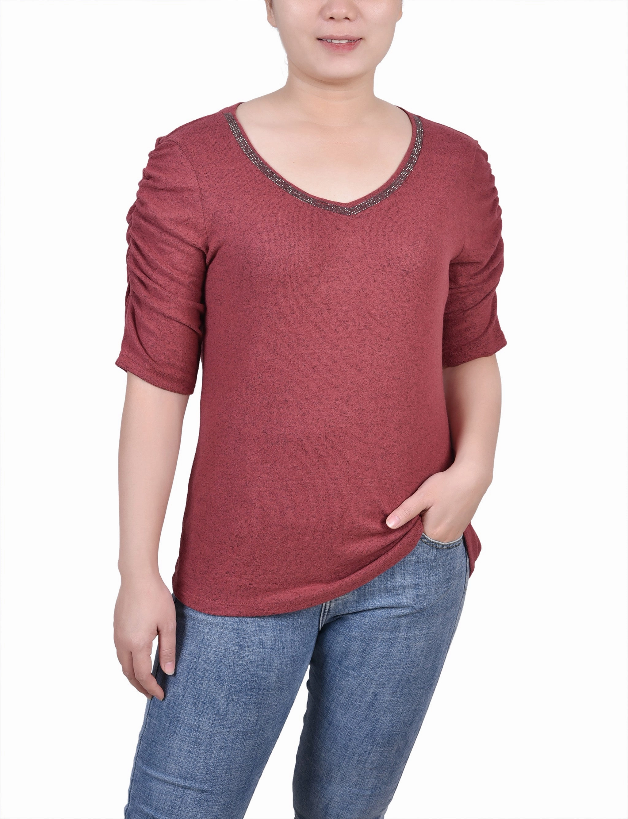 BreathableFabricTech Petite Rouched Sleeve Top