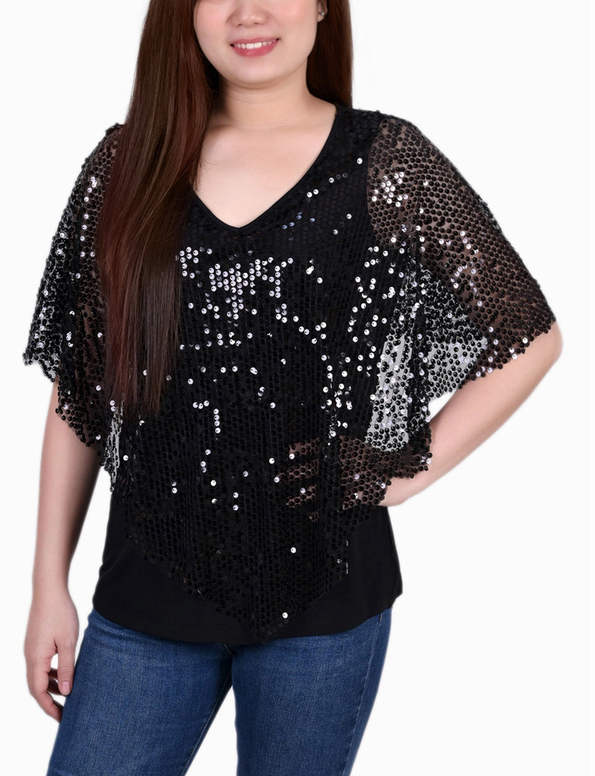 SoftFeel Fabric Easycare Petite Sequin-Front Poncho