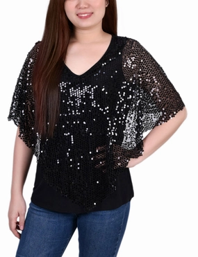 Thermal Regulation Fabric LayeredPanel Petite Sequin-Front Poncho
