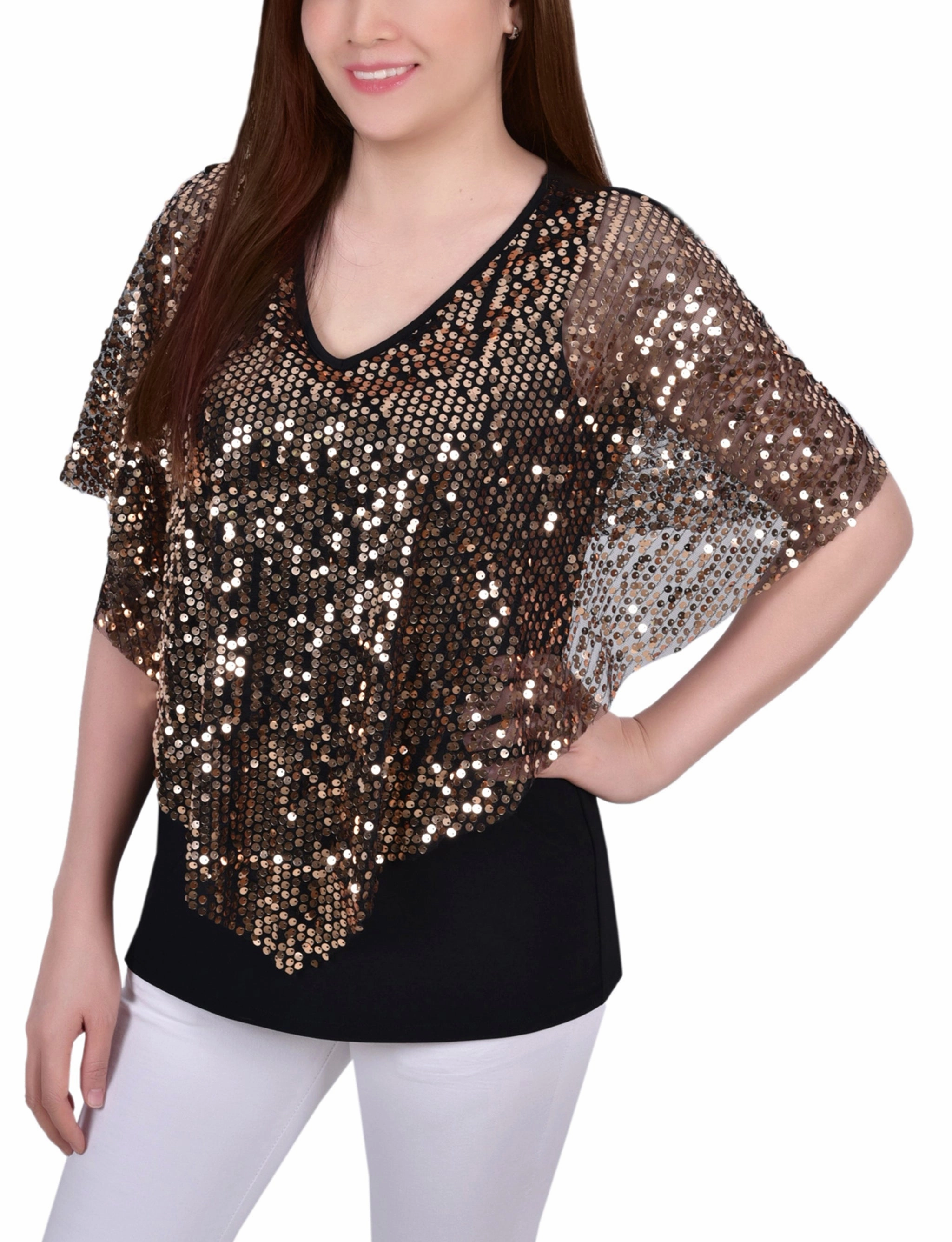 Quick Dry Material Petite Sequin-Front Poncho