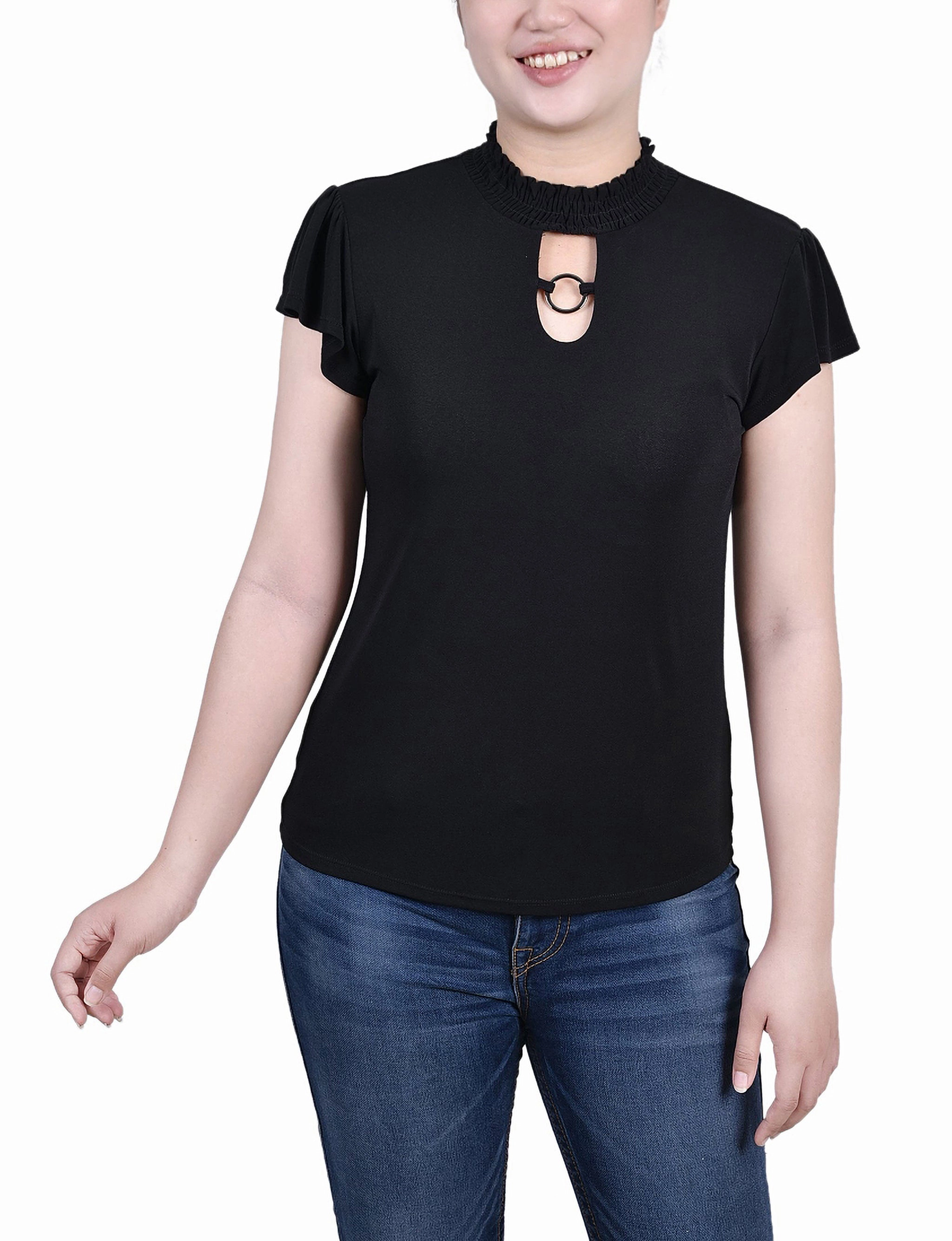 Petite Short Flutter Sleeve Mock Neck Top Comfortable Collar Retro design