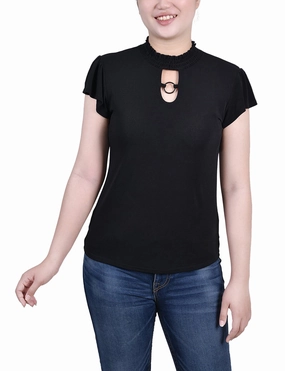 Petite Short Flutter Sleeve Mock Neck Top Comfortable Collar Retro design