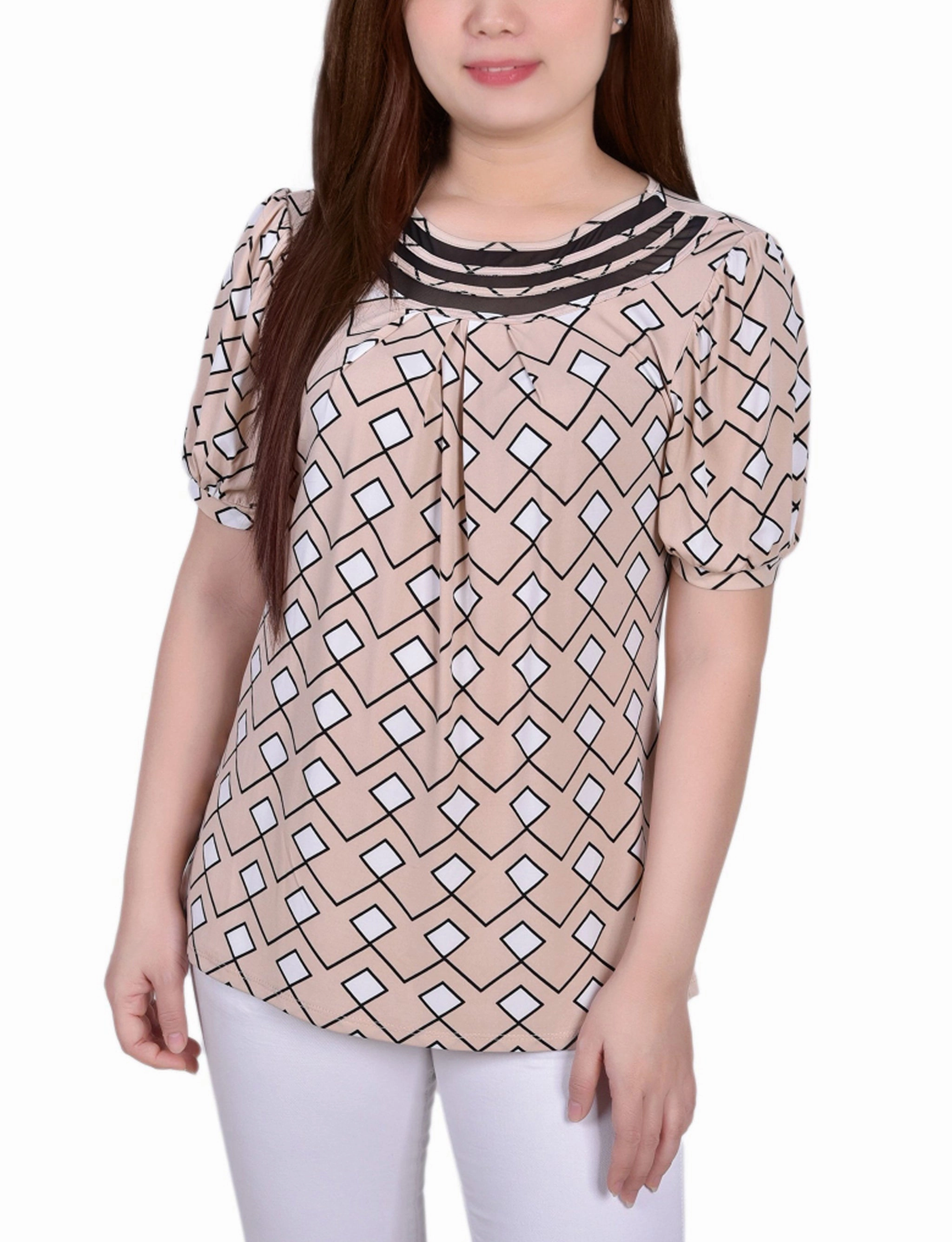 Petite Short Puff Sleeve Mesh Inset Top Quick-Dry Fabric