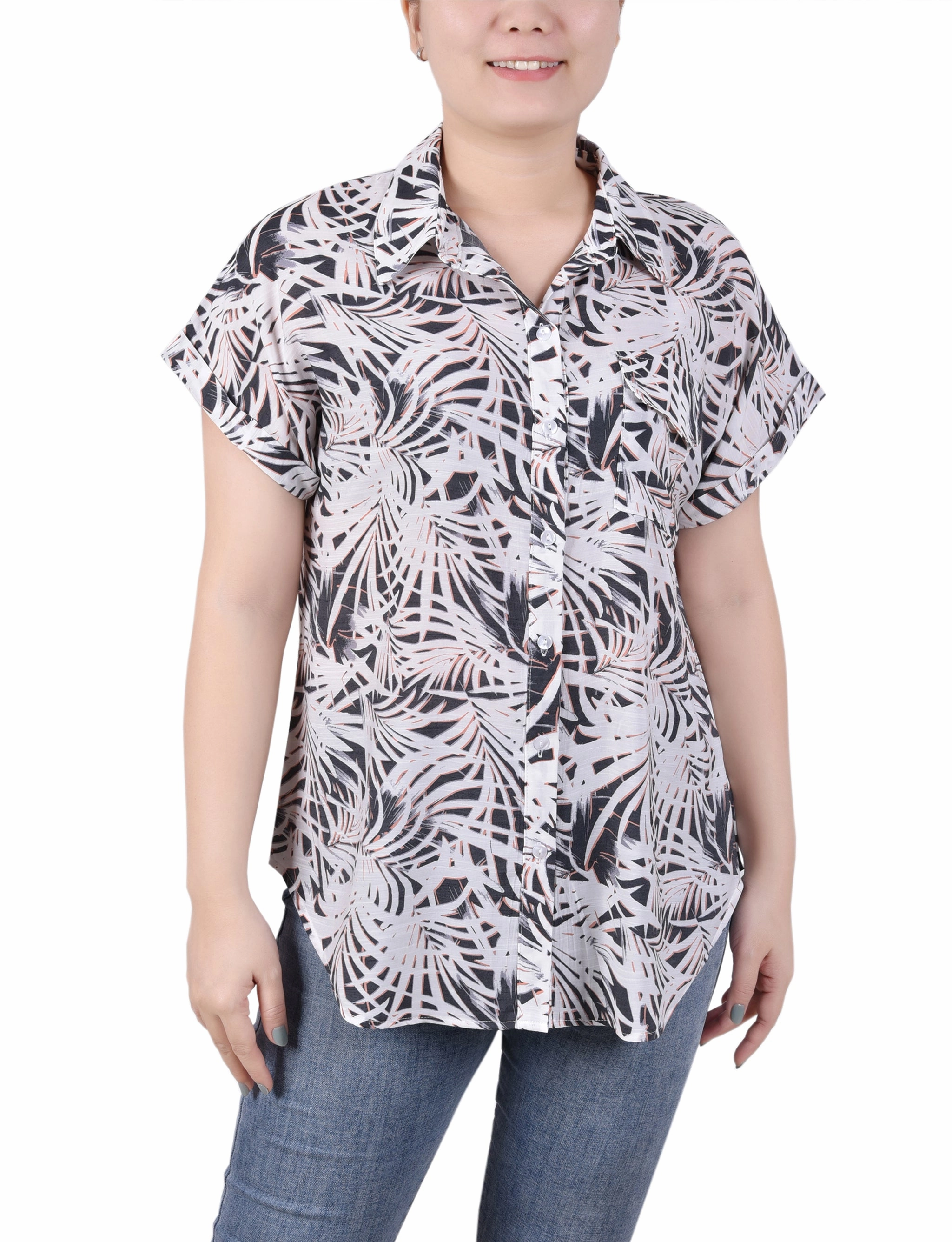 Weighted Hem Trim AthleisureInspired Petite Short Rolled Sleeve Button Front Blouse