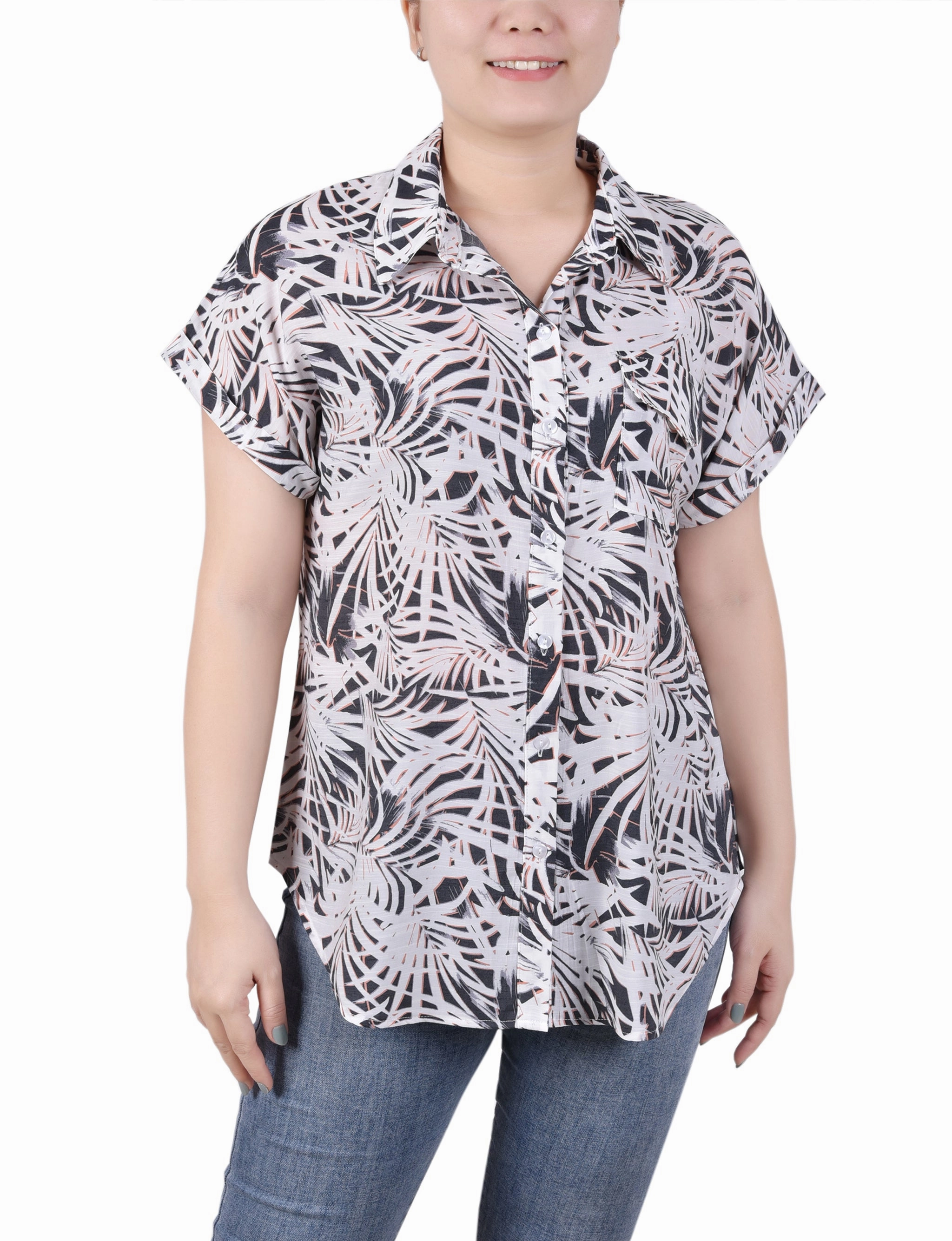 Petite Short Rolled Sleeve Button Front Blouse Structured Shoulder Sustainable Waterproofing