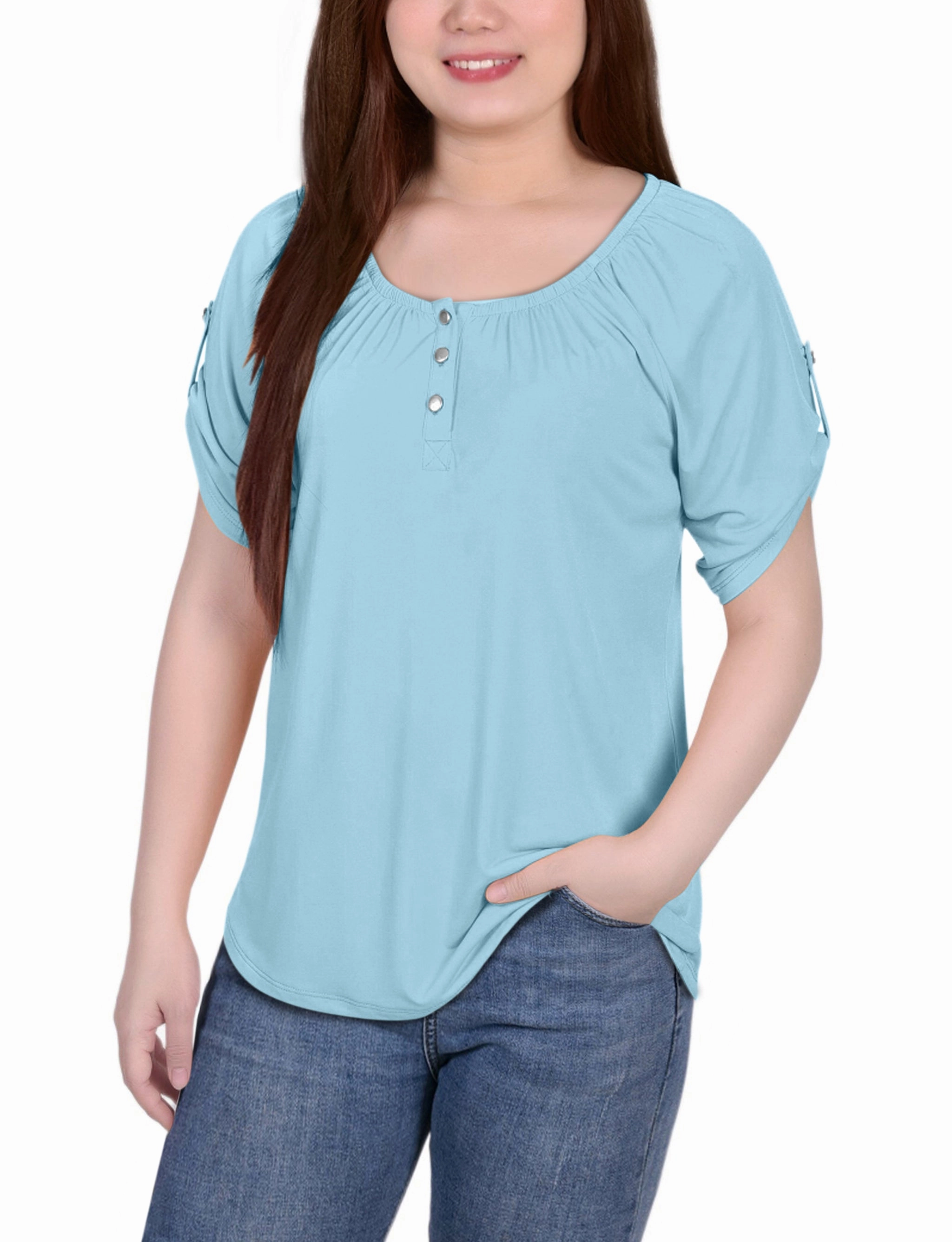 Vintage Shirt Petite Short Sleeve Round Neck Henley Top