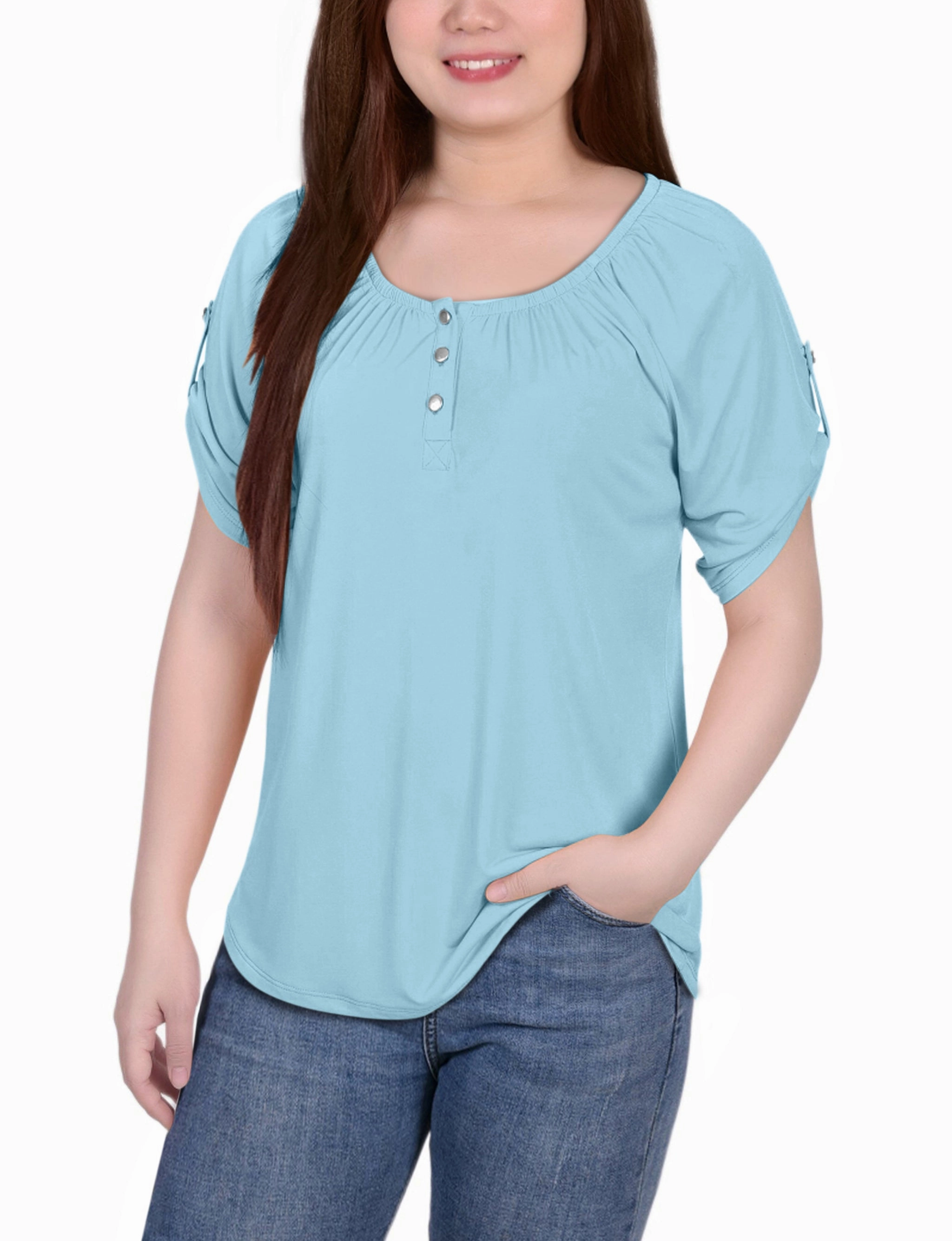 Relaxed Tee Petite Short Sleeve Round Neck Henley Top